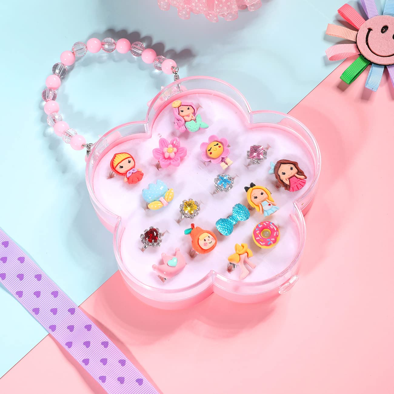 PinkSheep 24 urocze pierścionki jubilerskie dla małych dziewczynek, regulowane i bez powtórzeń, pierścionki do zabawy i przebierania się z pudełkiem prezentowym