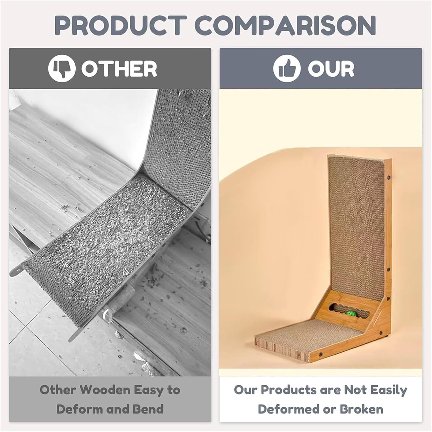 L-Shaped Wall-Mounted Cat Scratching Board with Hanging Ball Toy - Vertical Corrugated Cardboard Scratcher for Indoor Cats