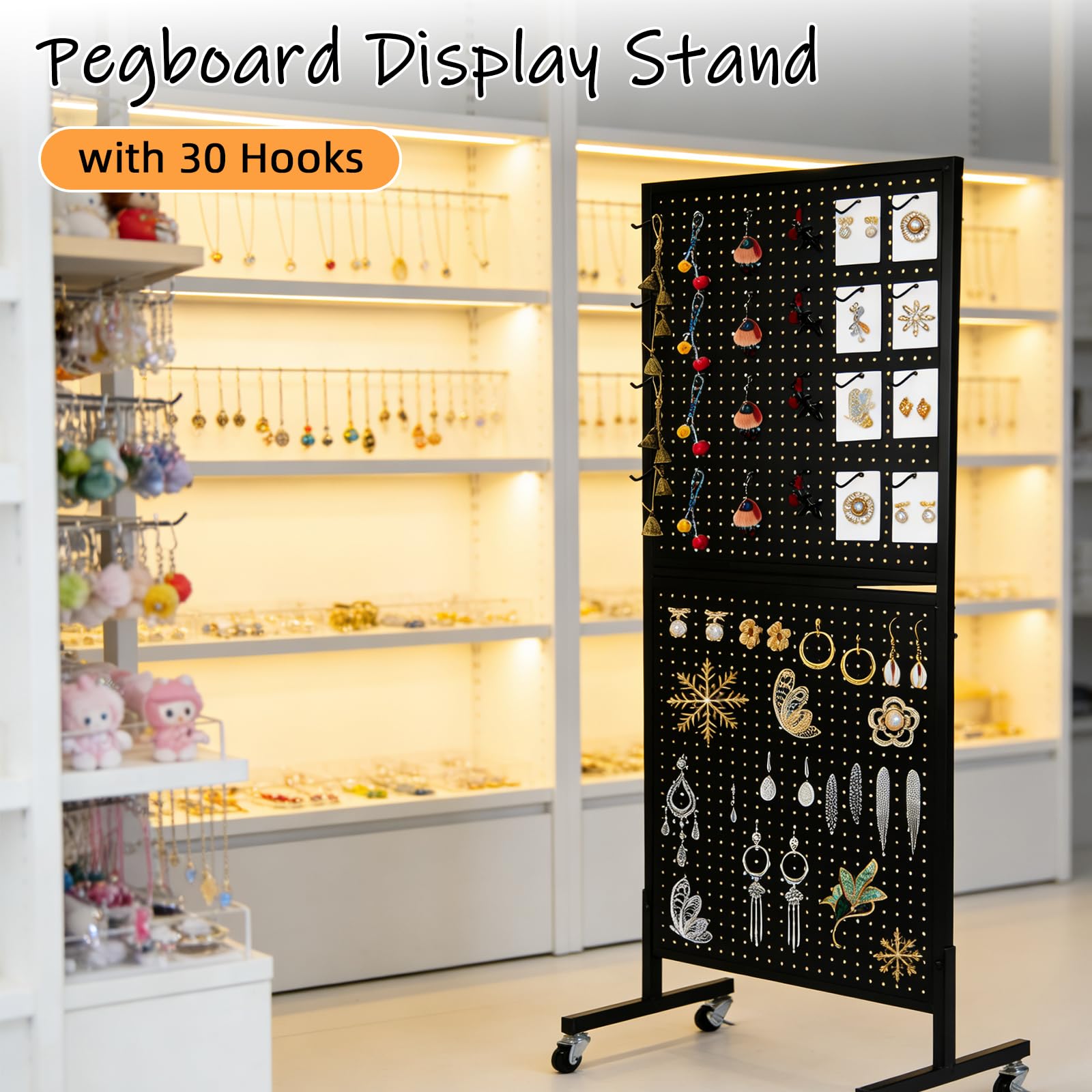 JAOGAUS Lochwand Präsentationsständer mit 30 Haken, Lochwand Display mit Rollen, Lochwand Präsentationsständer, Stehendes Lochwand Display für Einzelhandelsgeschäfte