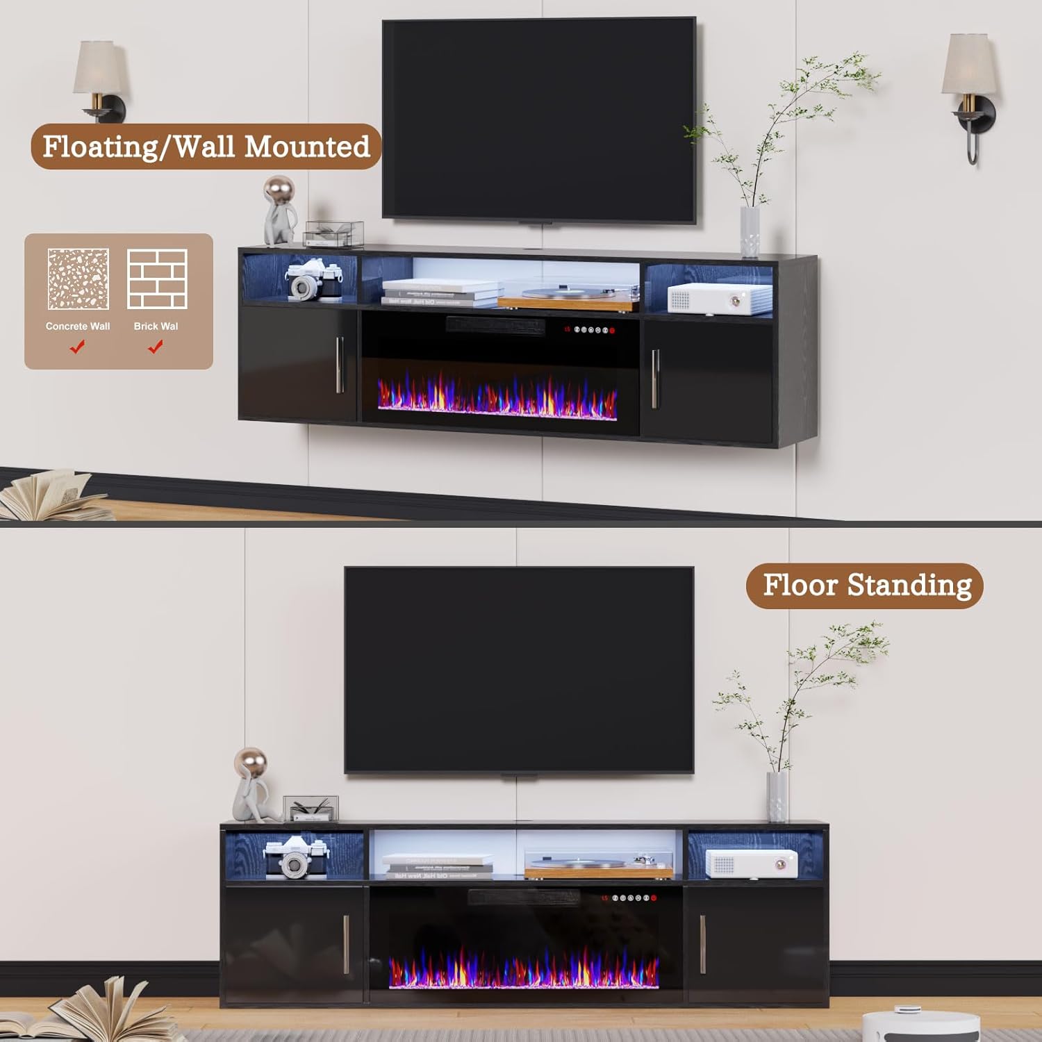 Floating Fireplace TV Stand, 70" Wall Mounted Entertainment Center with 36" Fireplace for TVs Up to 80", LED Modern Wood TV Console with High Gloss Cabinet for Living Room (Black)