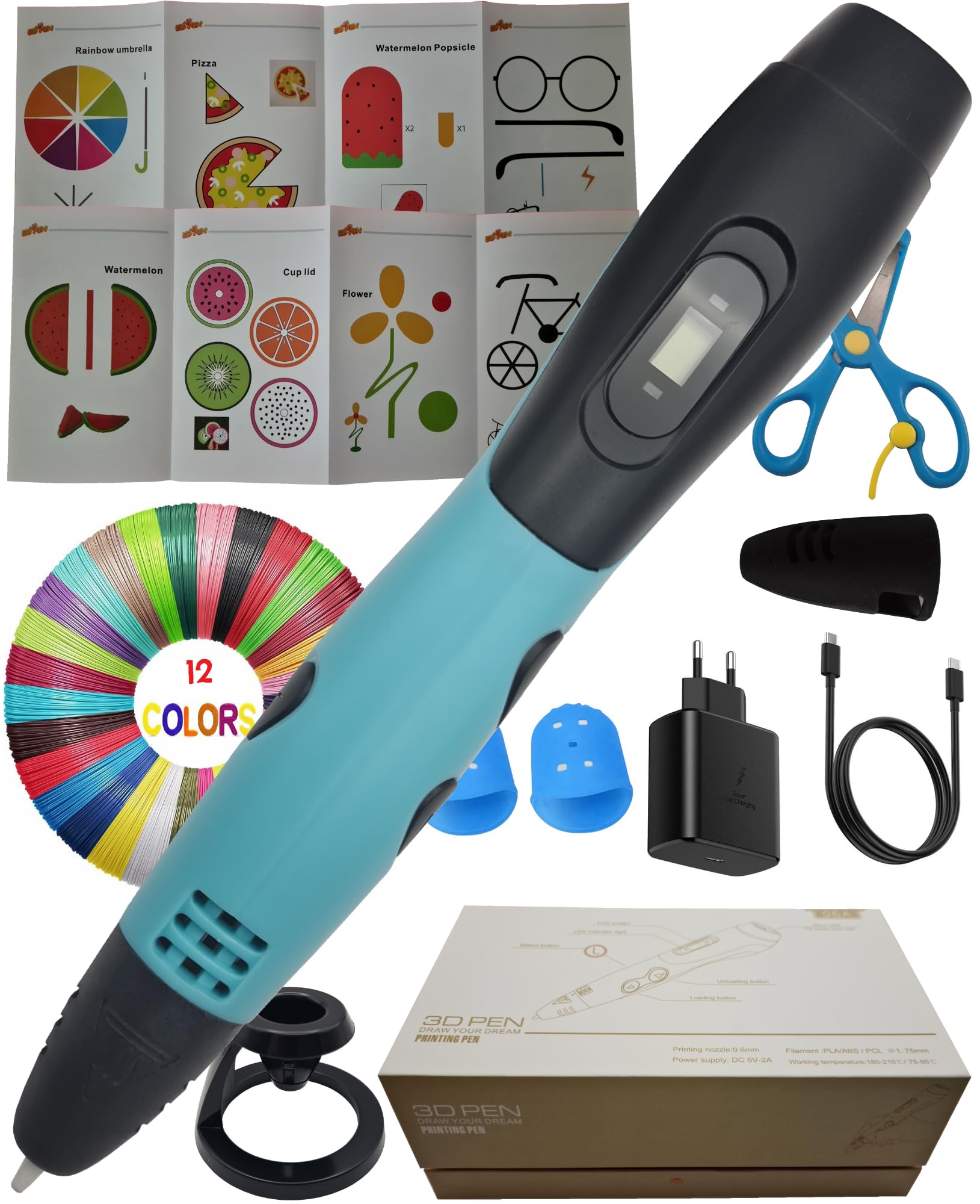 CAELLUMA Lápiz 3D para Niños con 12 Filamentos de Colores - Bolígrafo 3D para Niños con Pantalla LCD - Temperatura y Velocidad Ajustable - Plantillas para Pintar con Boli 3D para Niñas (Azul Claro)
