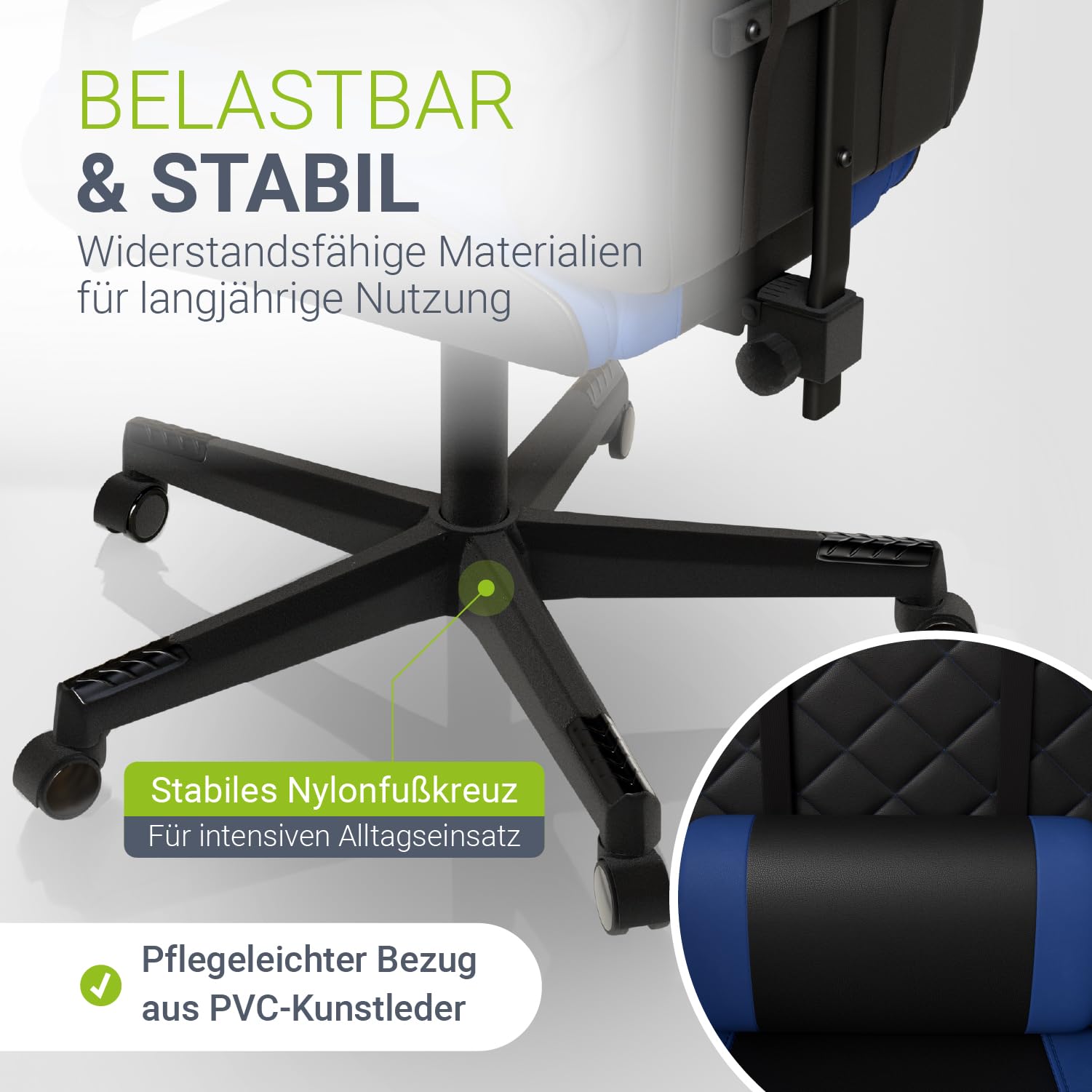 Juskys® Gamingstuhl HyperSeat — Höhenverstellbar, verstellbare Rückenlehne & gepolsterte Armlehnen, Kunstleder, ergonomisch & belastbar — Schwarz/blau