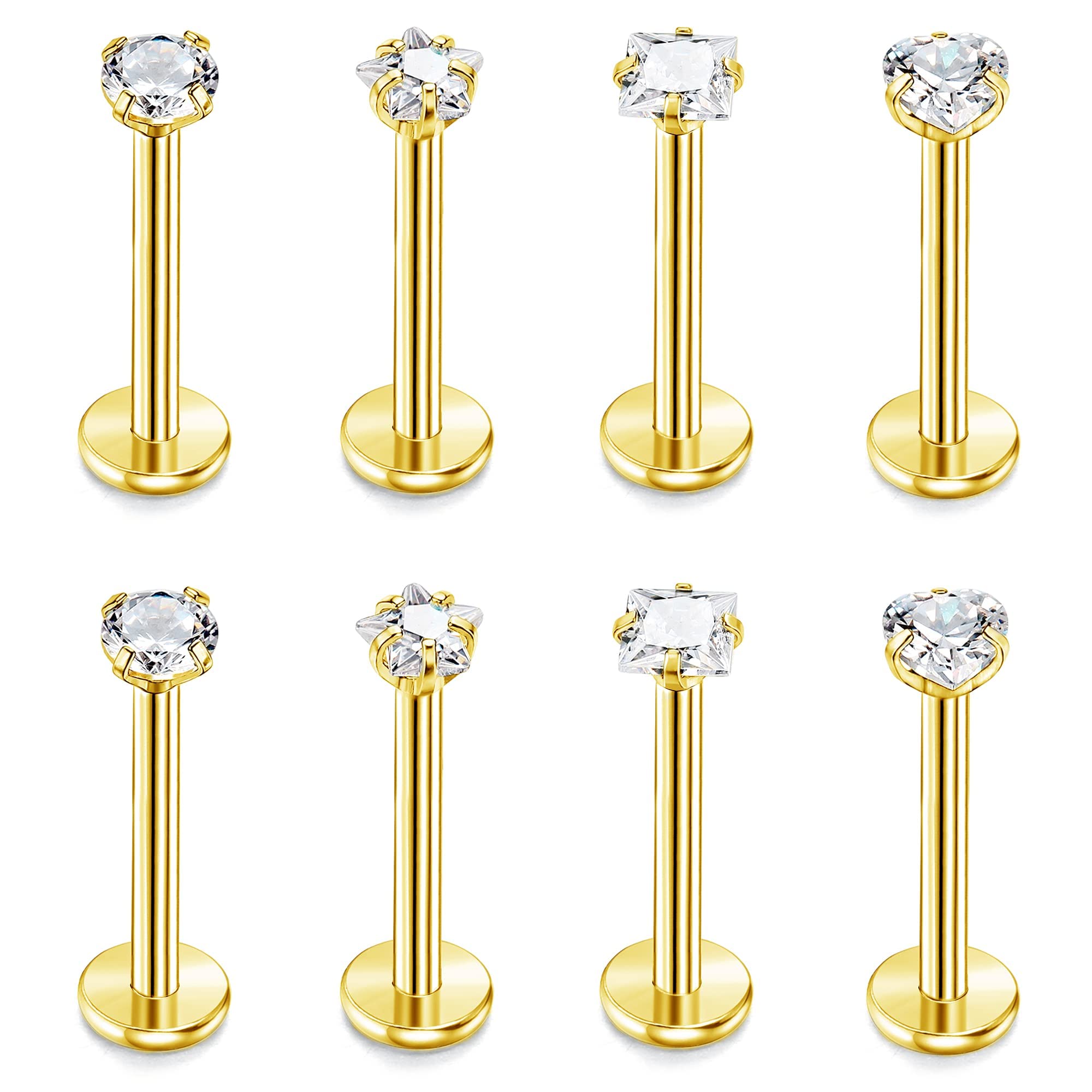 Morfetto16G G23 Titanio Labret Tachuelas Anillos de Labios Hélice Tragus Conjunto de Pendientes Corazón Redondo CZ Anillos de Nariz Pendiente de Cartílago Monroe Piercing Joyería 6mm 8mm 10mm