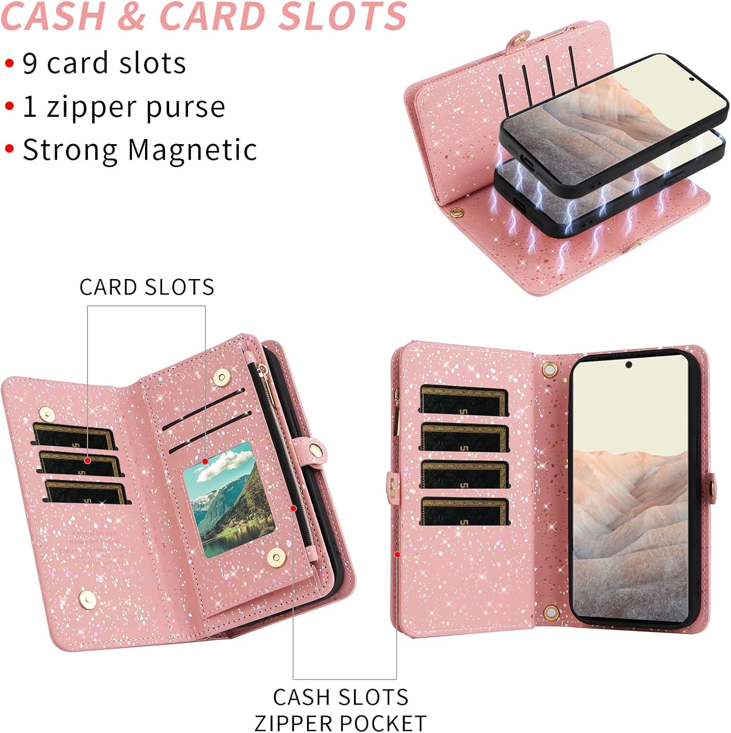 Asuwish Phone Case for Google Pixel 6 Pro Zipper Wallet Magnetic Detachable Cover with Screen Protector and Glitter Card Holder Slot Stand Cell Pixel6Pro Pixel6 XL 6XL Pixle 6Pro 5G Women Men Pink