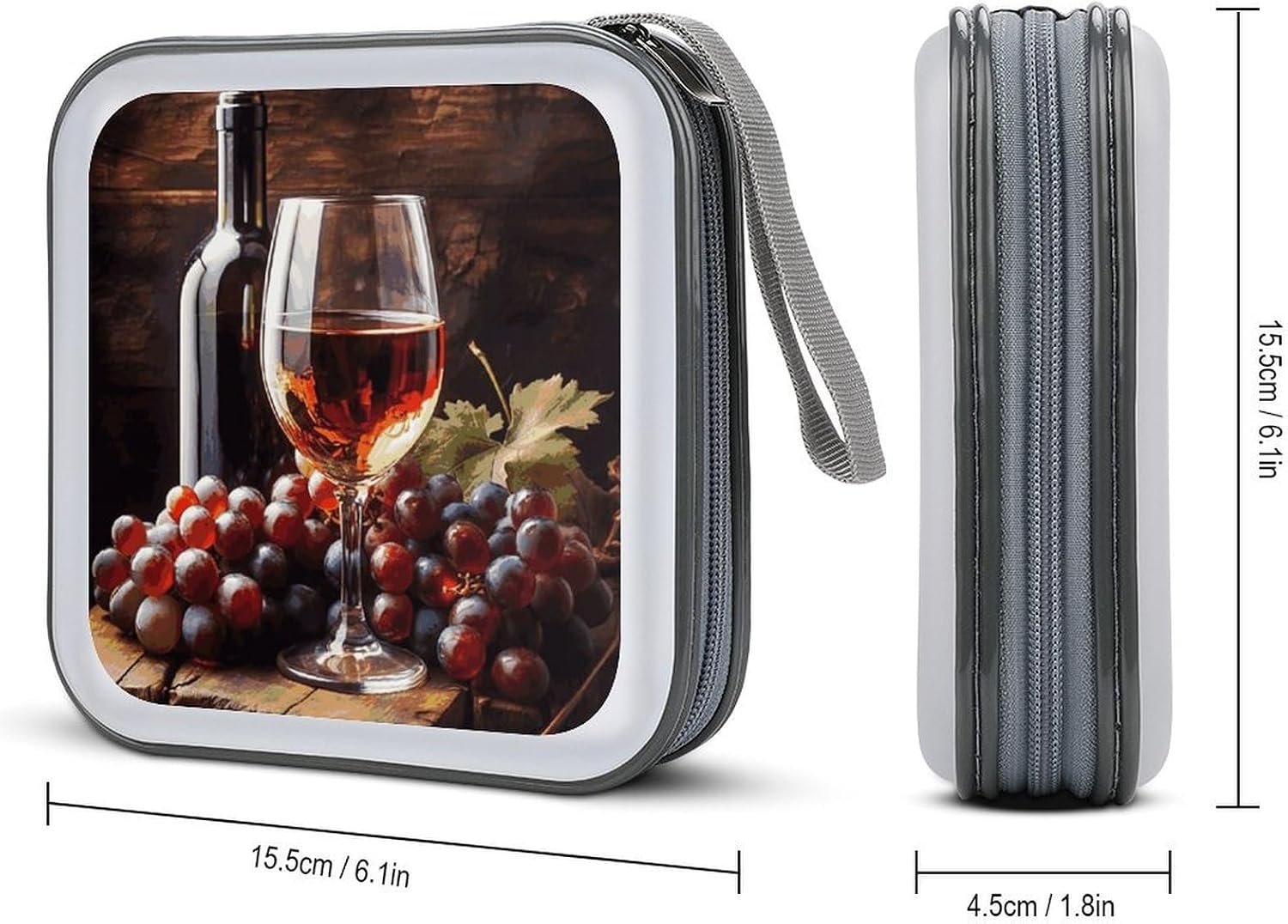 Art Red Wine Galsses & Grapes CD Case with Hand Strap Lightweight DVD Wallet Holder 40 Capacity CD/DVD Case Wallet Protective CD Wallet CD/DVD Portable Storage Binder for Car Home Office