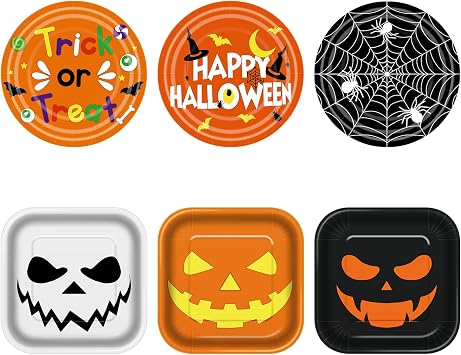 60 Pcs 9 Inch Halloween Paper Plates, 6 Designs Square and Round Disposable Plates, Heavy Duty Party Plate for Halloween Party Supplies