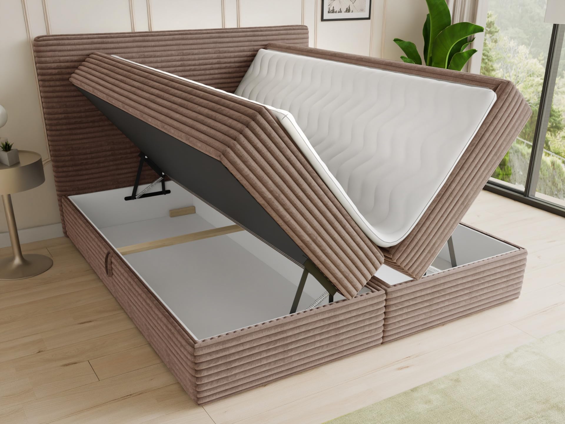 Sofnet Boxspringbett Mollo mit 2 Bettkästen, Doppelbett mit Bonell-Matratze und Topper, Polsterbett in weichem Cordstoff, Bett, Bettgestell für Schlafzimmer (Braun (Tilia 17), 180 x 200 cm)