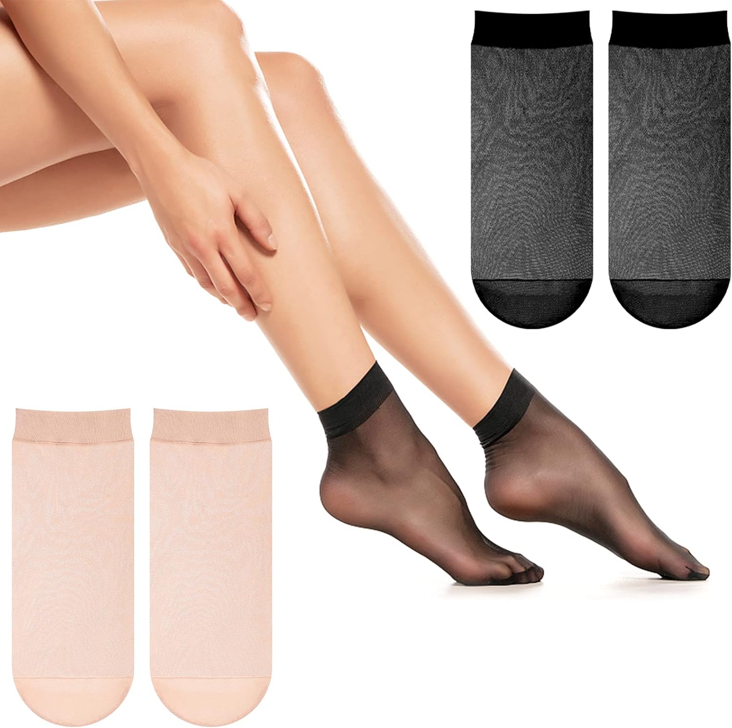 Teblacker 20 Pairs Women Nylon Socks, Women’s Black Nude Ankle Nylon Socks Sheer Silky Nylon