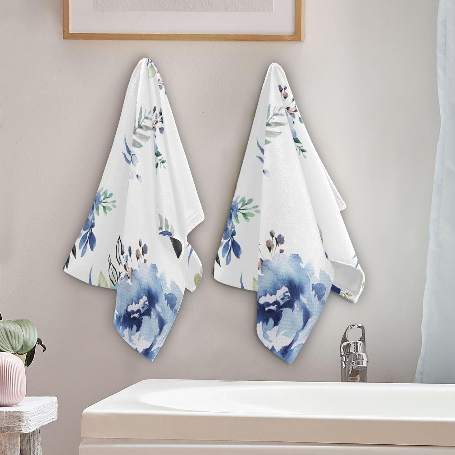 Navy Blue White Rose Floral Hand Towels for Bathroom Set of 2 Soft Absorbent Watercolor Blossom Peony Botanical Kitchen Towels Decorative Bathroom Towels for Bath Face Guest Shower 14"x28" - Image 3