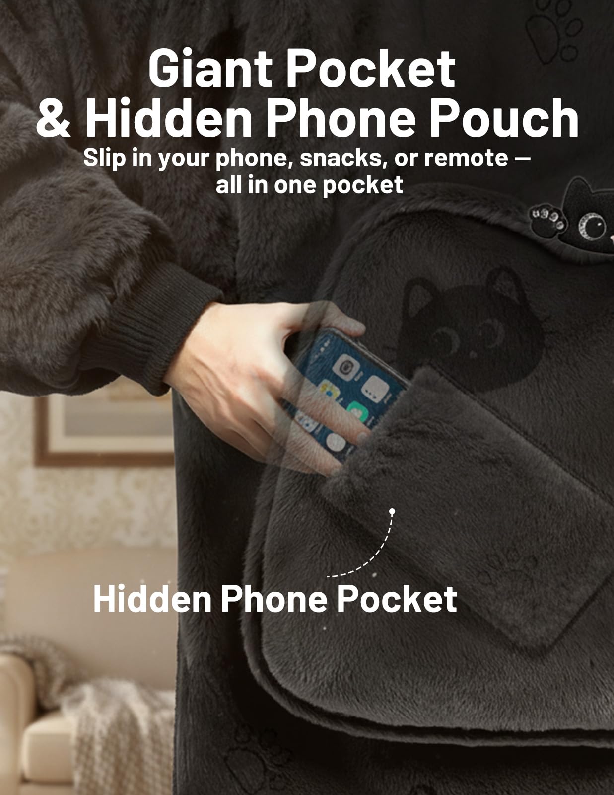 Mewaii Couverture à Capuche, Grande Poche, Lavable | Longueur Chevilles, Poche Téléphone Cachée, Lavable, Cadeau Douillet pour Femmes