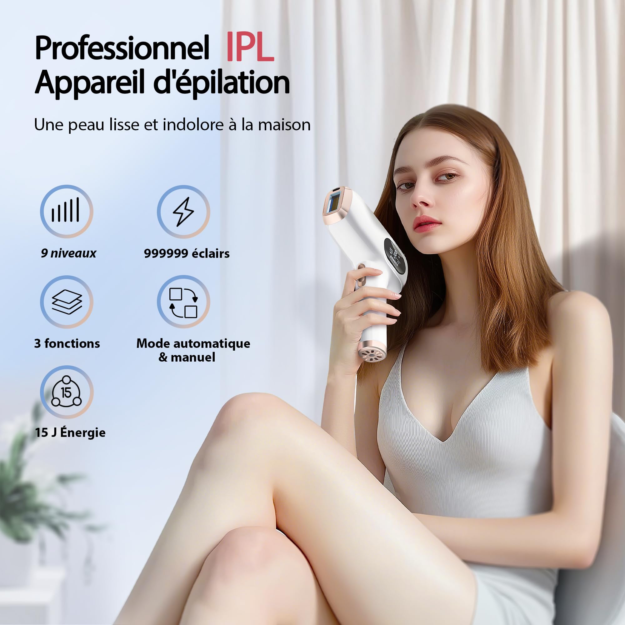 Épilateur Lumière Pulsée, Fonctions HR/SR/HR+, 9 niveaux d'énergie, 999 999 impulsions lumineuses, des femmes, des lèvres, du visage, des aisselles et du corps.