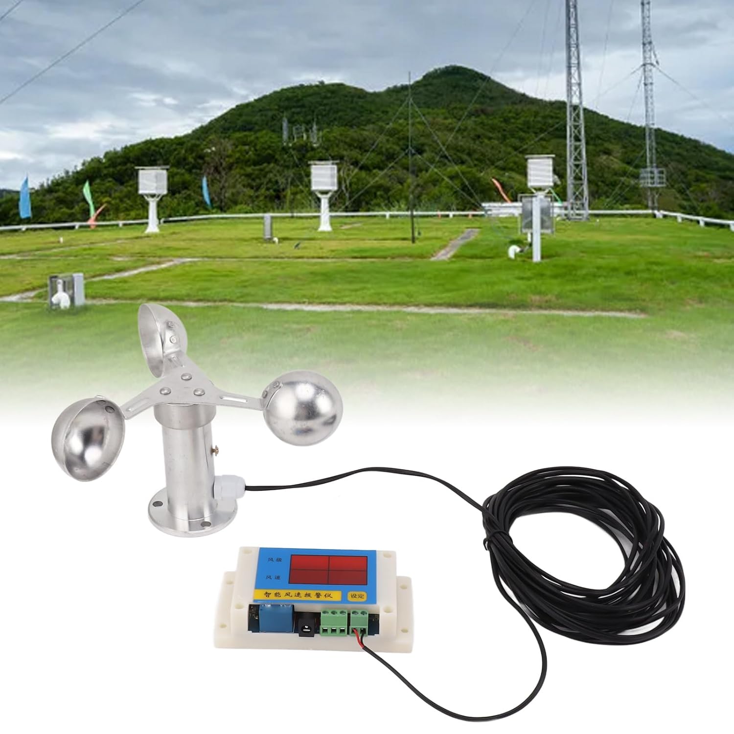 Jeffergarden Wind Speed Alarm Device 3 Fan Blades, Tower Crane Anemometer with Three Cups Type Wind Cup, Wide Measuring Range for Power Plant Wind Speed Measurement Weather Station