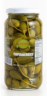 Sanniti Spanish Caper Berries in Vinegar Salt Brine - 33.5 oz Jar, Olive-Like Tangy Flavor for Seafood, Salads & Charcuterie