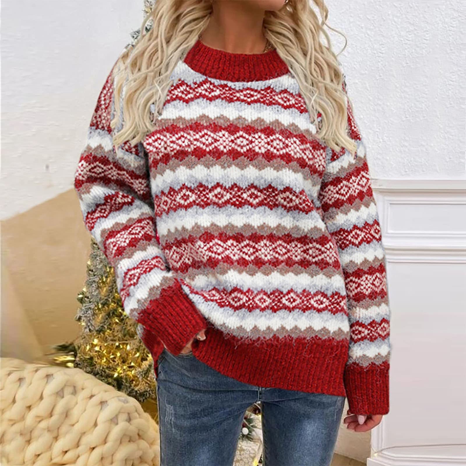 Maglione lavorato a maglia natalizia per le donne girocollo Coor Block inverno autunno maglioni comodi a maniche lunghe Plus Size maglione grafico carino tunica top