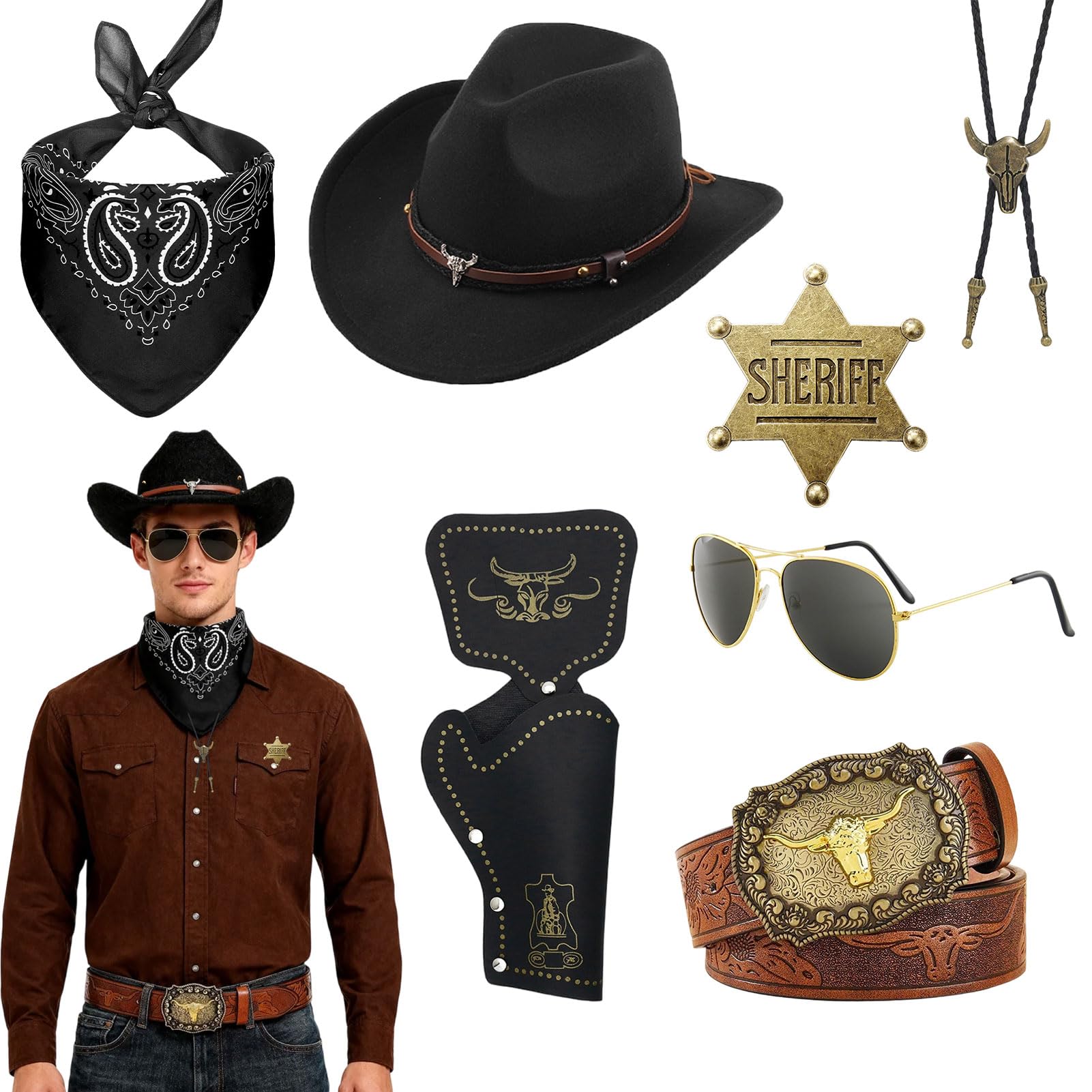 Crittygo Cowboy Outfit Kit for Men Western Cowboy Costume Accessories with Cowboy Hat Bandana Glasses Necklace Holster Belt Sheriff Badge for Halloween Western Theme Party
