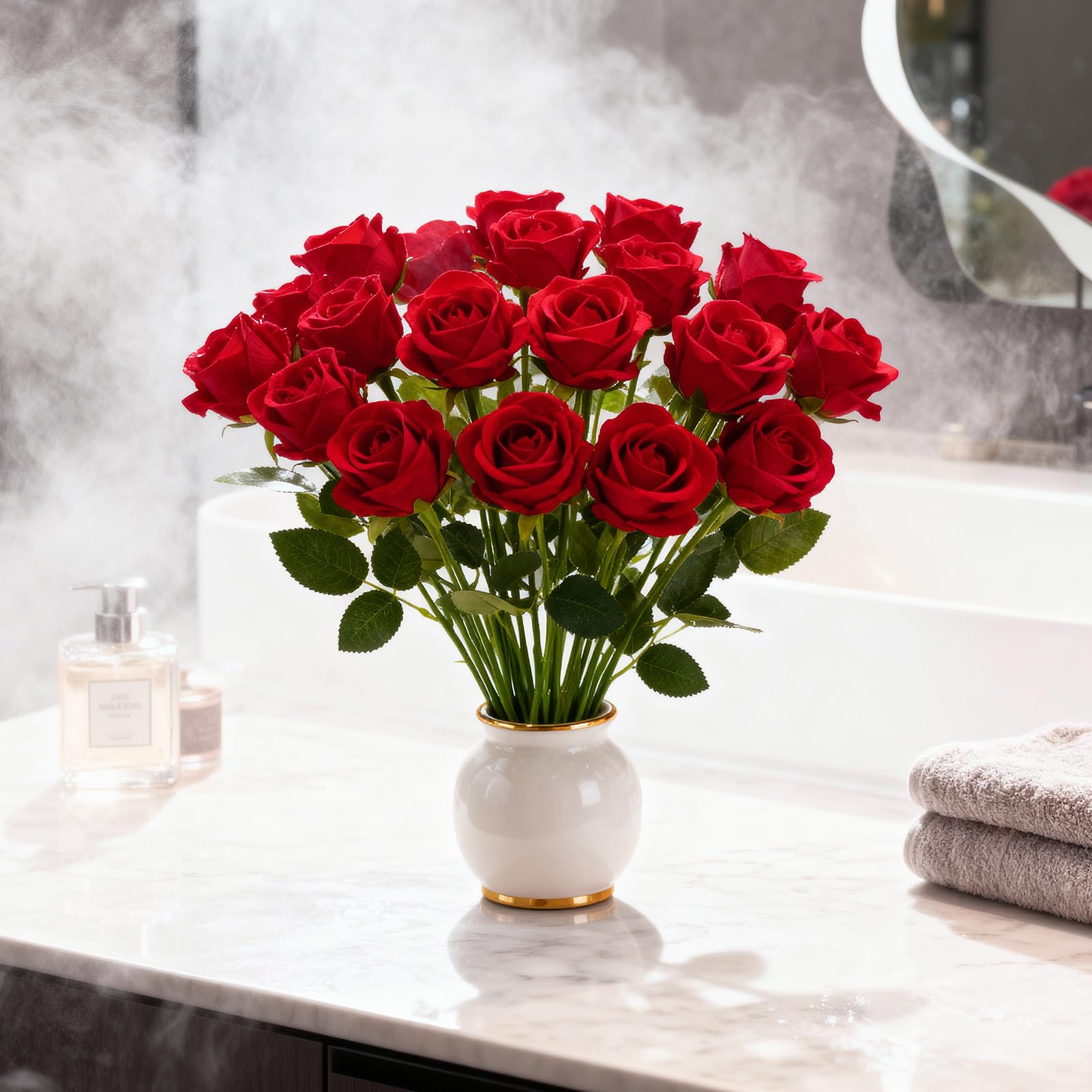 50Pcs Rouges Roses Fleurs Artificielles avec Tige DIY,pour Mariage