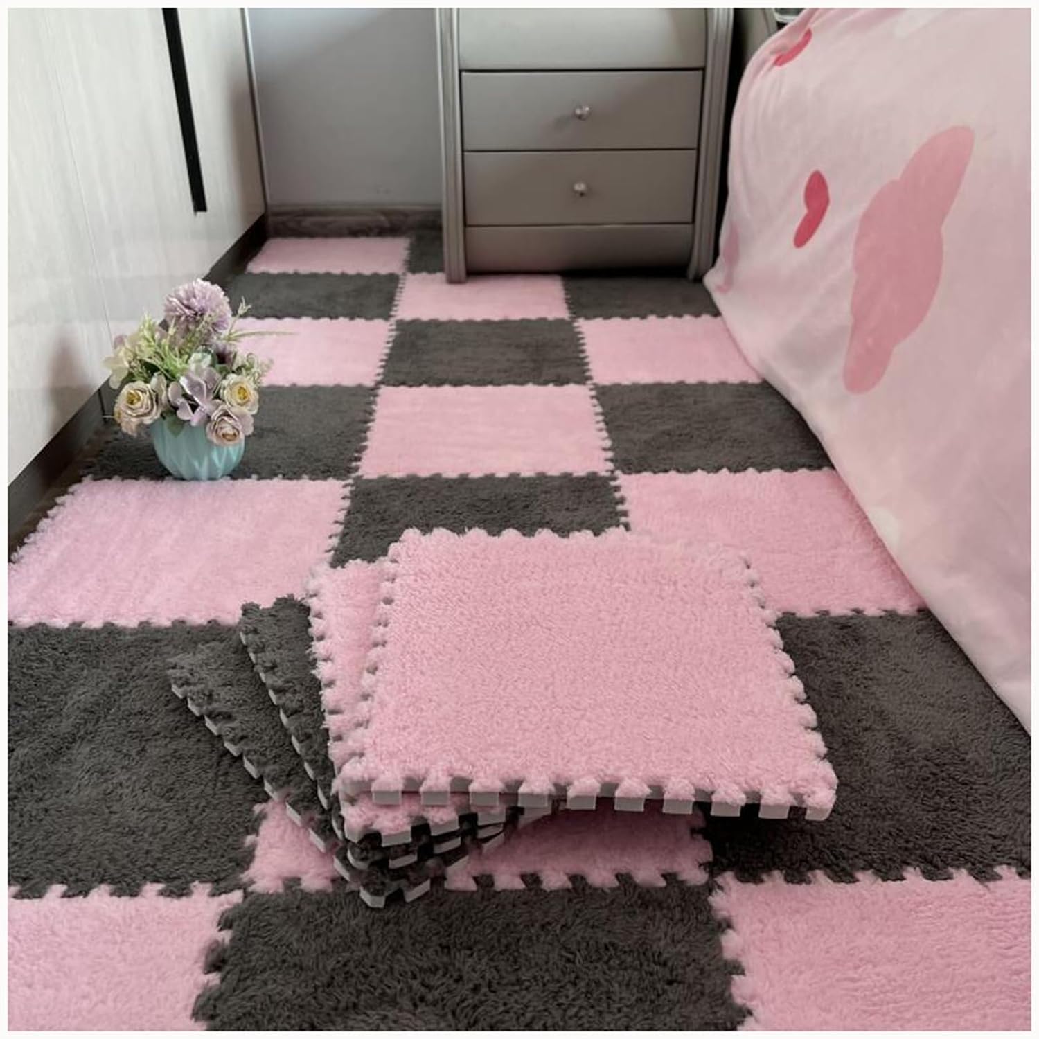 10pcs Plush Puzzle Washable Foam Floor Carpet Mat, 24x24 in Thick Square Interlocking Foam Carpet Tiles, Fluffy Non-Slip Eva Mat for Floor Protection(Gray+Pink)