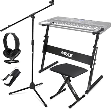PYLE Heavy-Duty Electric Keyboard Accessories, E Piano Equipment Pack Includes Height Adjustable Z Shape Keyboard Stand, Keyboard Stool, Microphone Stand, Headset, and Sustain Pedal, Black