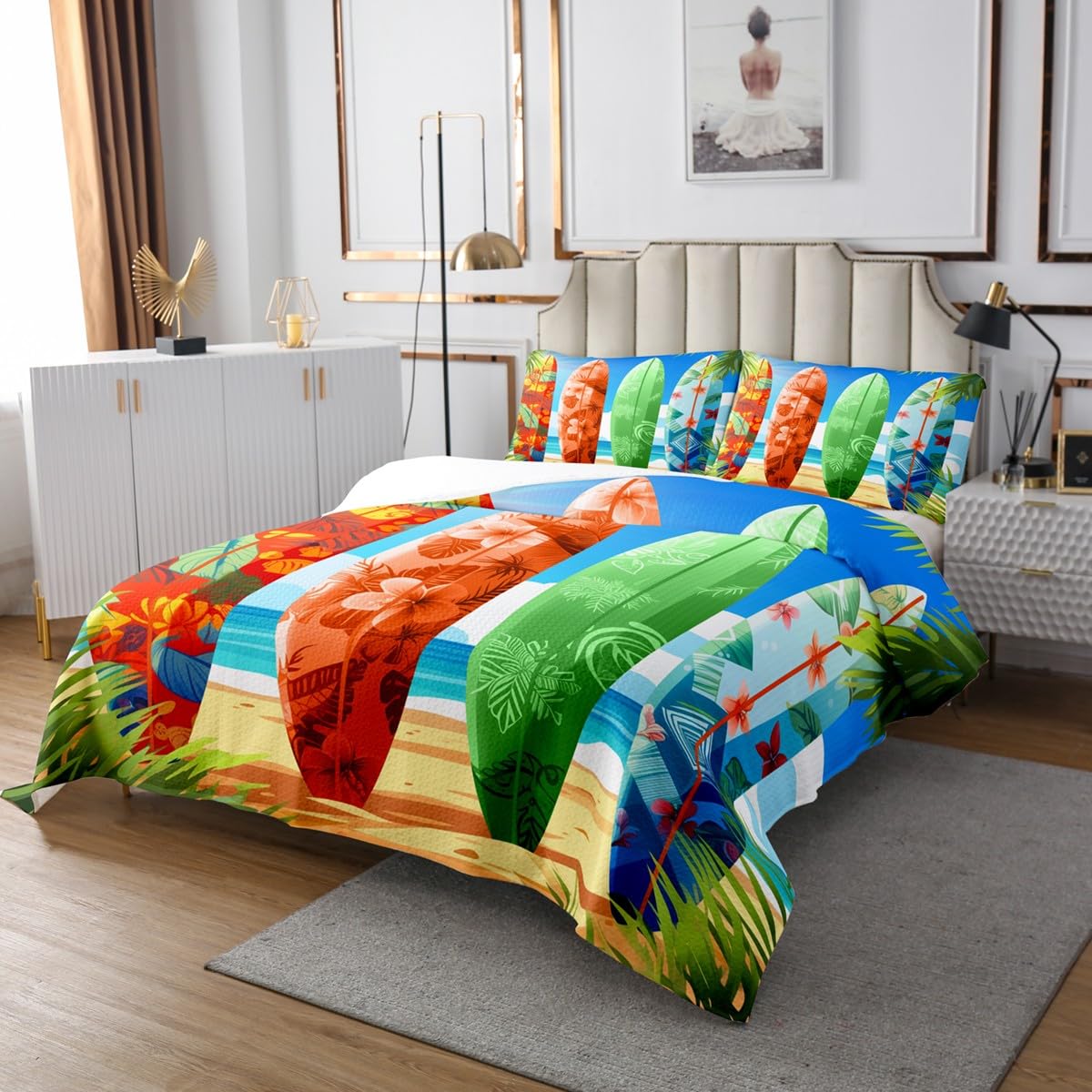 Colors Surfboard Quilted Coverlet 2 Pieces Hawaii Summer Holiday Ocean Beach Kids' Quilt Sets Coconut Tree Home Decor Quilt Sets Coverlet Set with 1 Pillow Sham,Twin