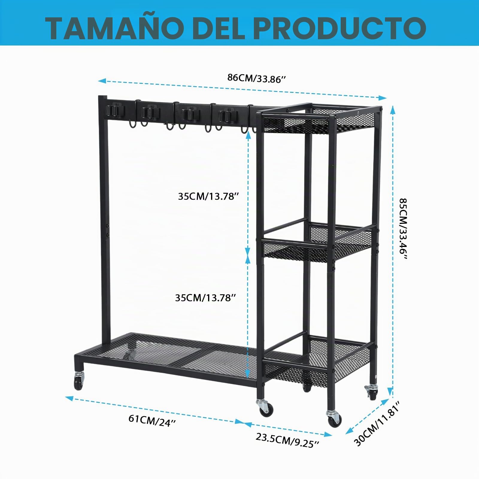 Carro de limpieza 85 × 62 × 30 cm – Carro de limpieza móvil con soporte para fregona y soporte para escobas, 6 ruedas con 3 frenos, 6 soportes para herramientas y 2 ganchos dobles, 3 estantes – Hogar