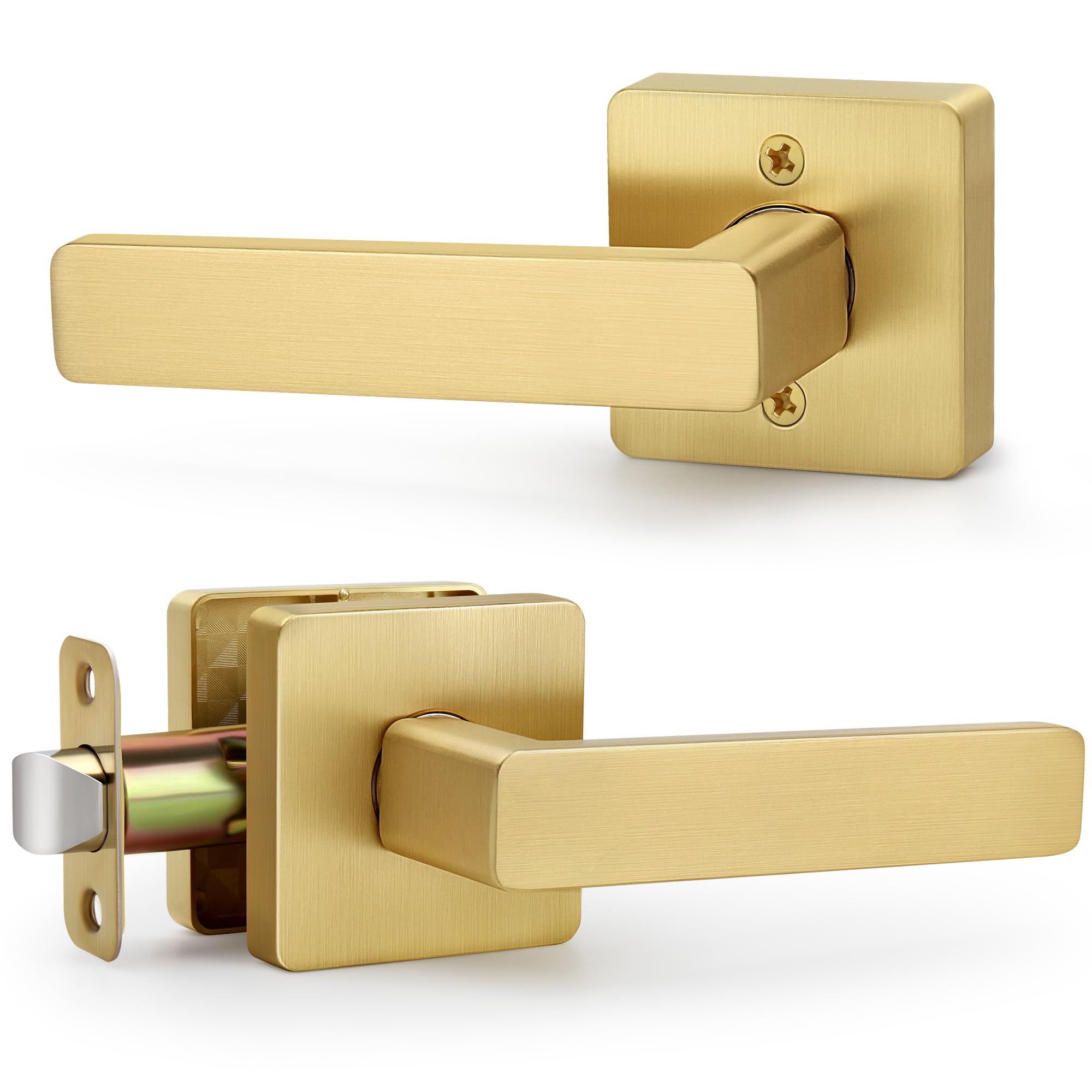 LOQRON Square Non-Locking Passage Door Lever, Brushed Gold Door Handles, Heavy Duty Gold Door Lever Without Keys and Lock Reversible Door Handle for Right/Left Handed Hallway Closet