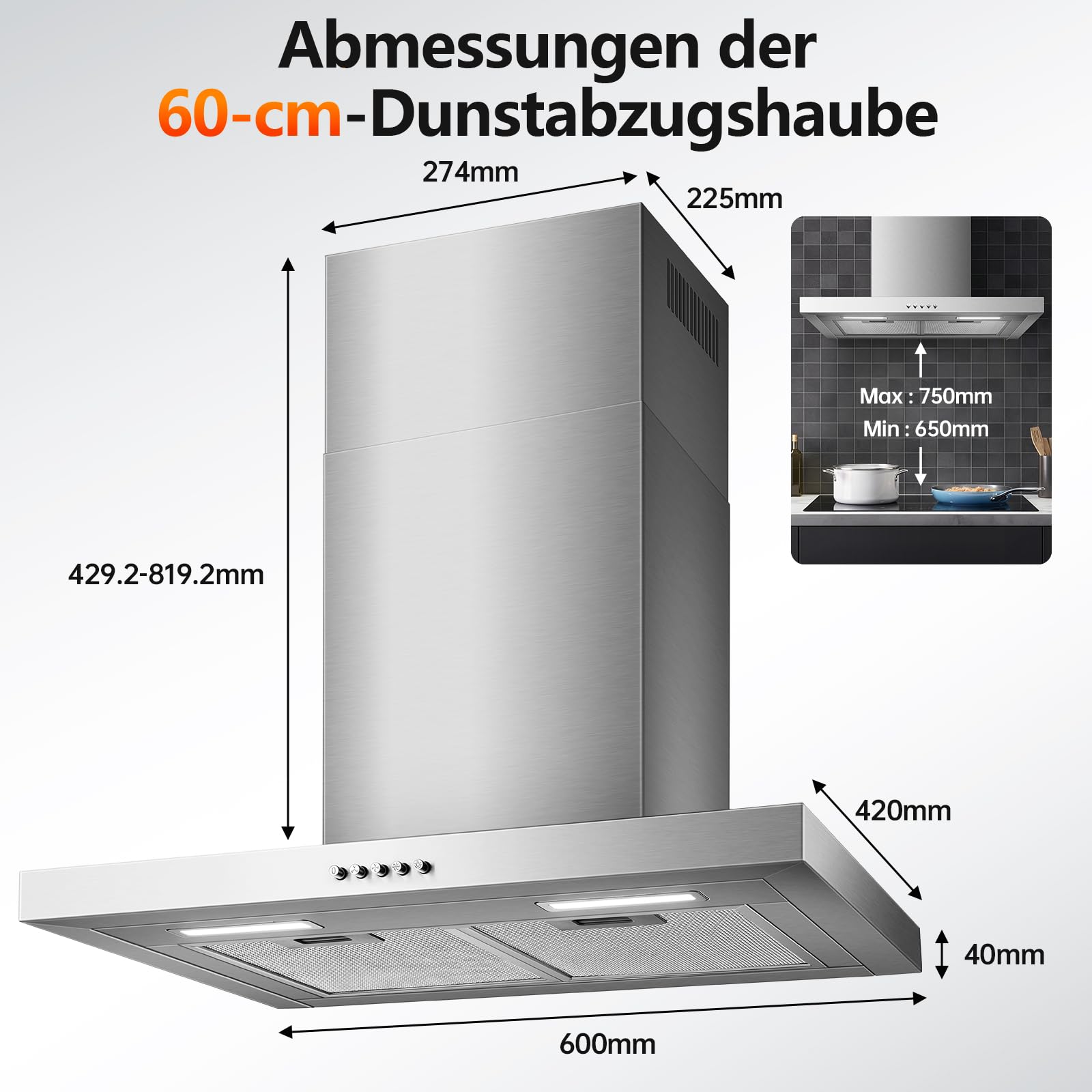 TopStrong 60cm Dunstabzugshaube Wandmontage, 450m³/h T-Shape Abzugshaube, 3-Stufen mechanisch, A++ bürstenloser Motor, 430 Edelstahl, LED, Umluft & Abluft Dunstabzugshaube