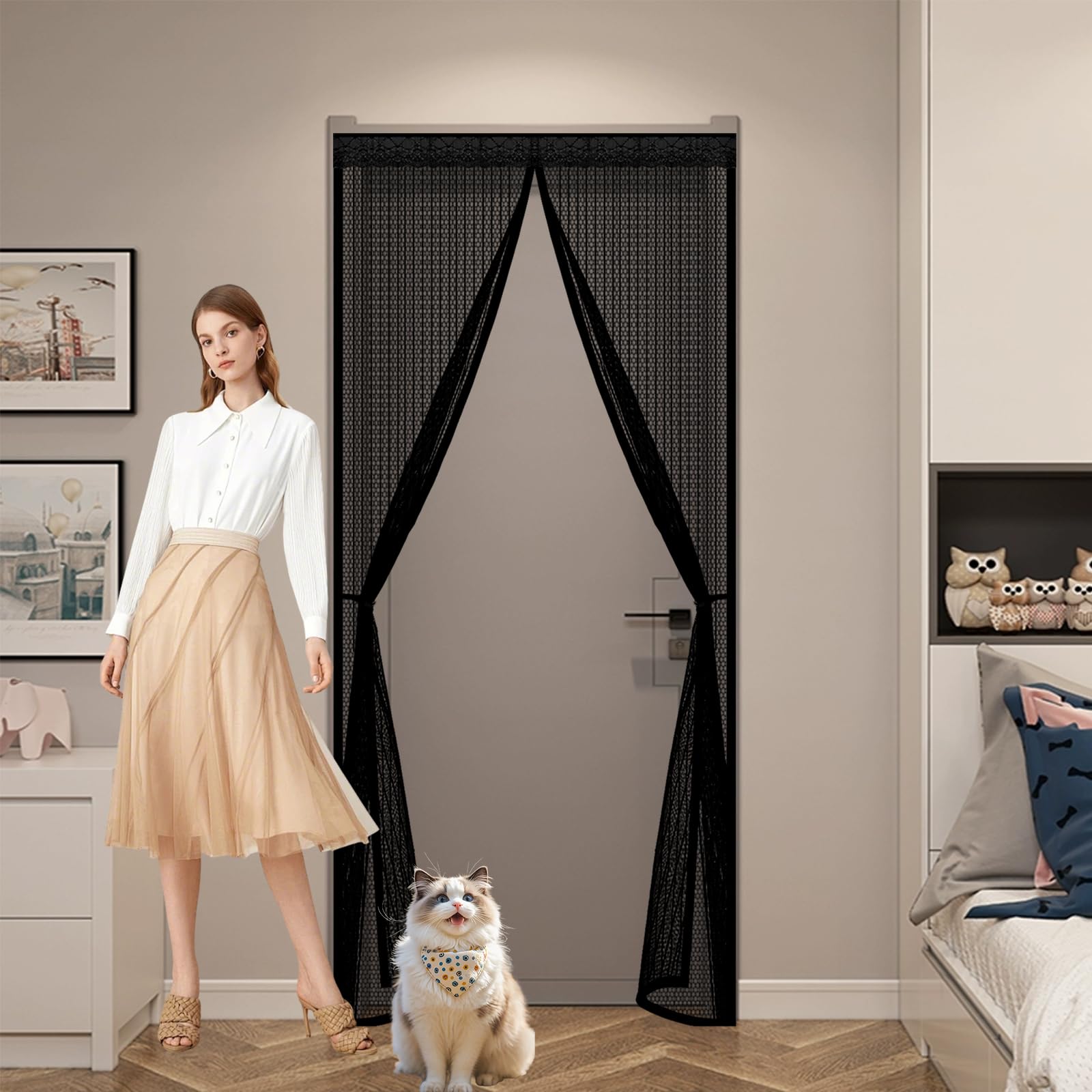 Fly Screen Door 170 x 264 cm Keep Bugs Out, Full Frame Magic Tape, Powerful Magnets, Self Sealing, No Drill Installation, Insect Protection Door for Balcony Bedroom Doors, Black