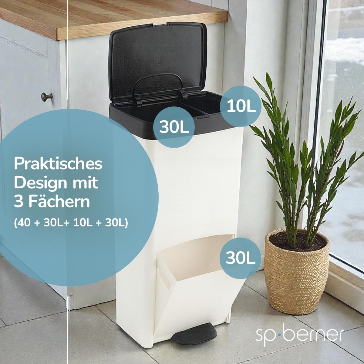 SP Berner – Recycling-Abfalleimer 70 l mit Pedal – 3 Fächer (30 l + 10 l + 30 l) – Ideal für Küche, Haushalt, Büro und Unternehmen – 100% recycelbar – Grau