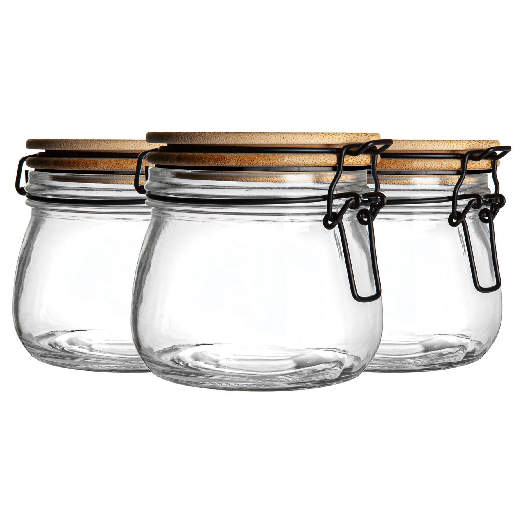Argon Tableware Black Glass Storage Jar With Airtight Wooden Clip Lid - 500Ml - 6 Pack - Kitchen Container Round Preserving Jar For Pickling, Chutney, Jam, Coffee, Oats