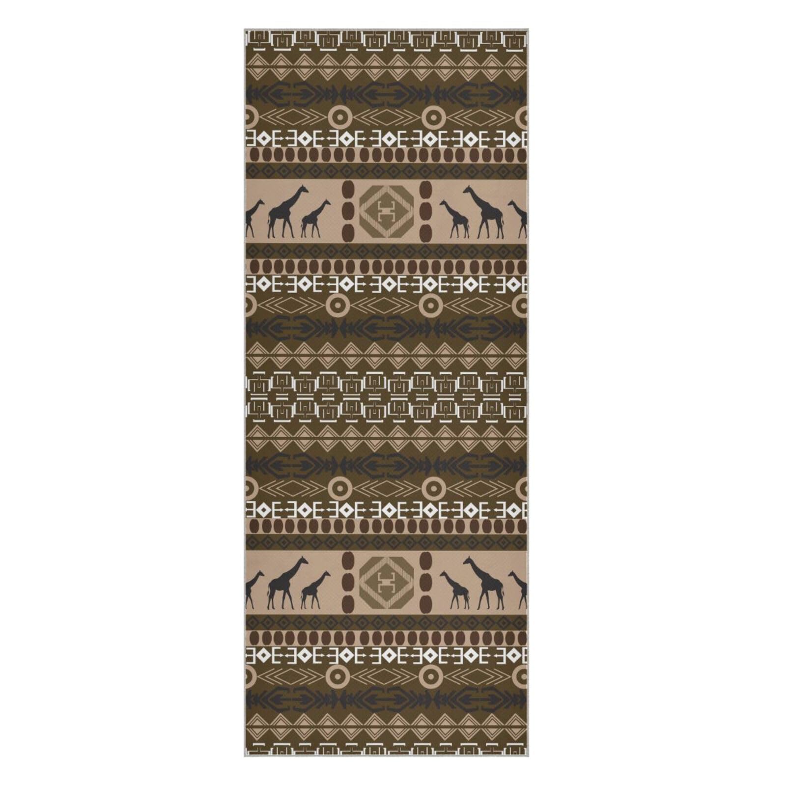 Fygkptb Brown Ethnic Tribal Elements with Giraffes Texture Yoga Towel Non Slip Yoga Mat Cloth Foldable Yoga Towel Sweat Absorbent Yoga Towel with Storage Mesh Bag 73 x 27 inch