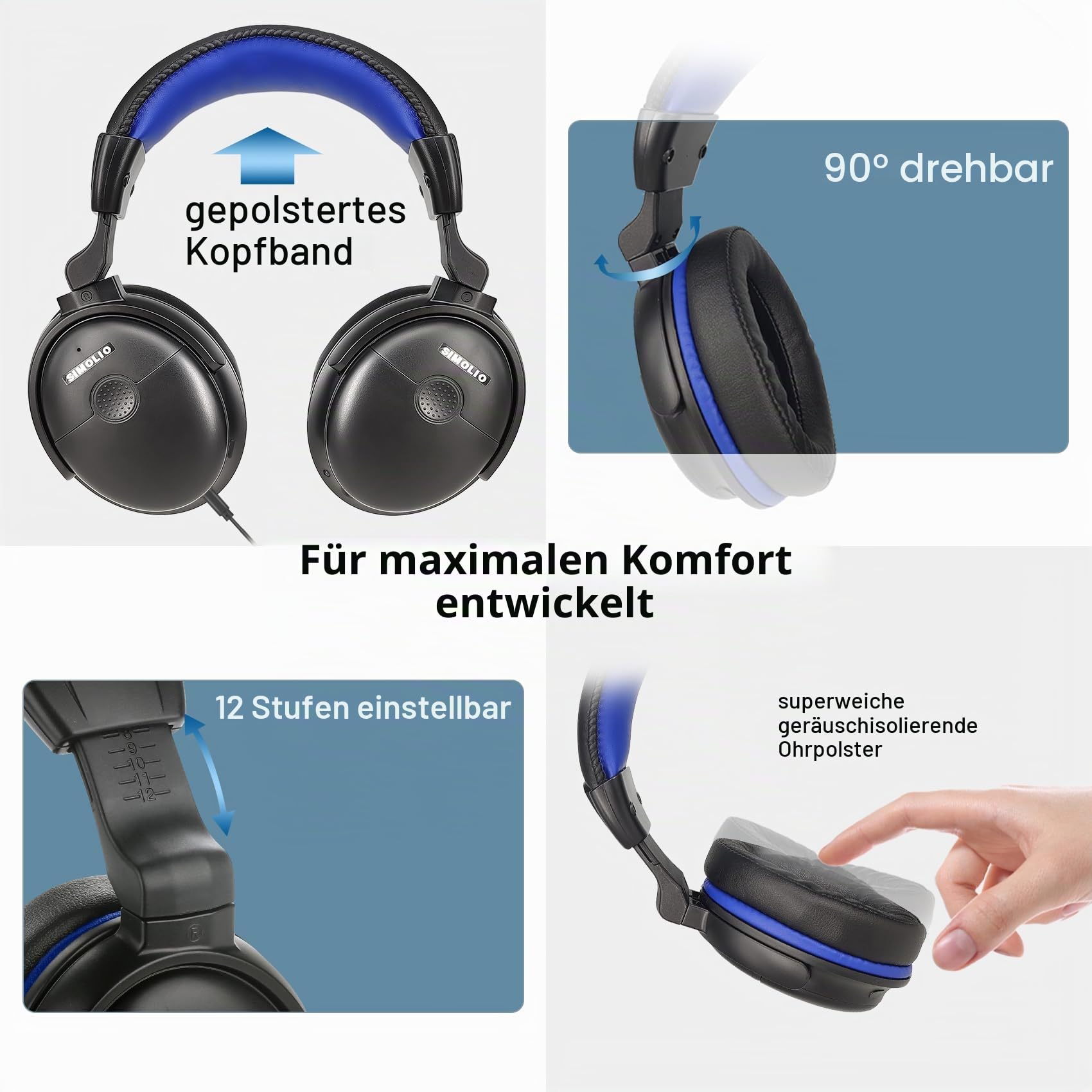 SIMOLIO TV Kopfhörer mit langem Kabel, Over Ear Headset für Fernseher mit Tonverstärkung, Tonregler & Lautstärkeregler, 18ft Spulenkabel mit Clip, 3.5mm AUX & RCA Audio, 40 Std. Spielzeit, SM-905TV