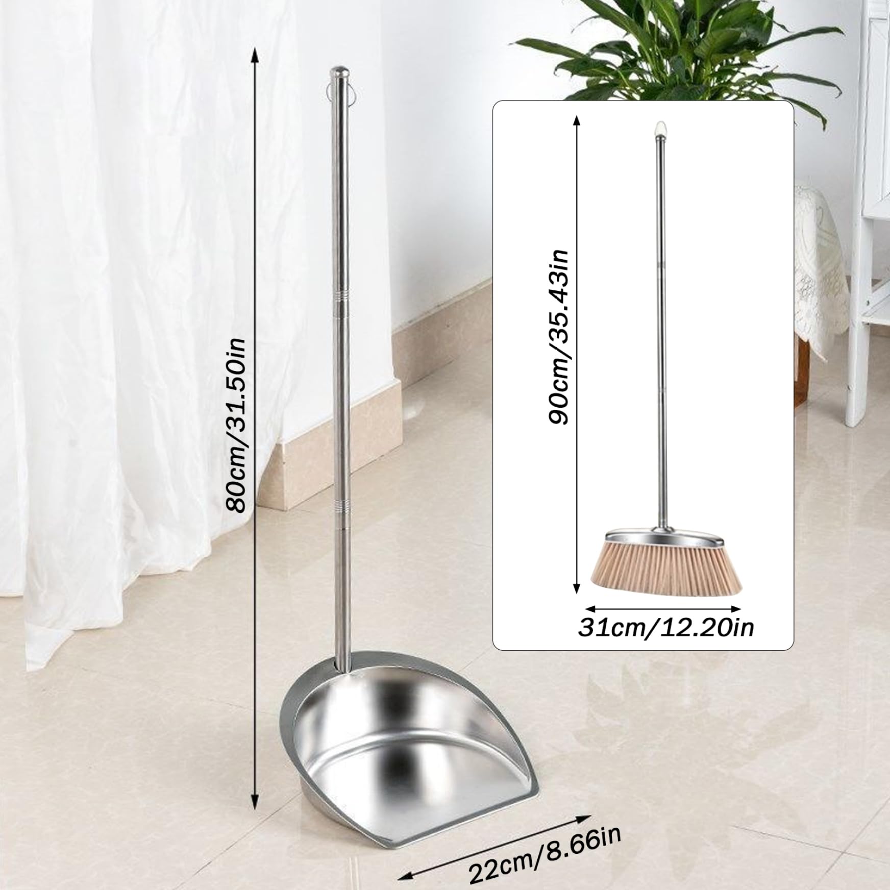 NIDONE Recogedor De Gran Tamaño para Trabajo Pesado con Mango Largo, Recogedor De Metal Y Cepillo Recogedor De Acero Inoxidable Recogedor Vertical De Pie, para Limpieza del Hogar En Interiores - L