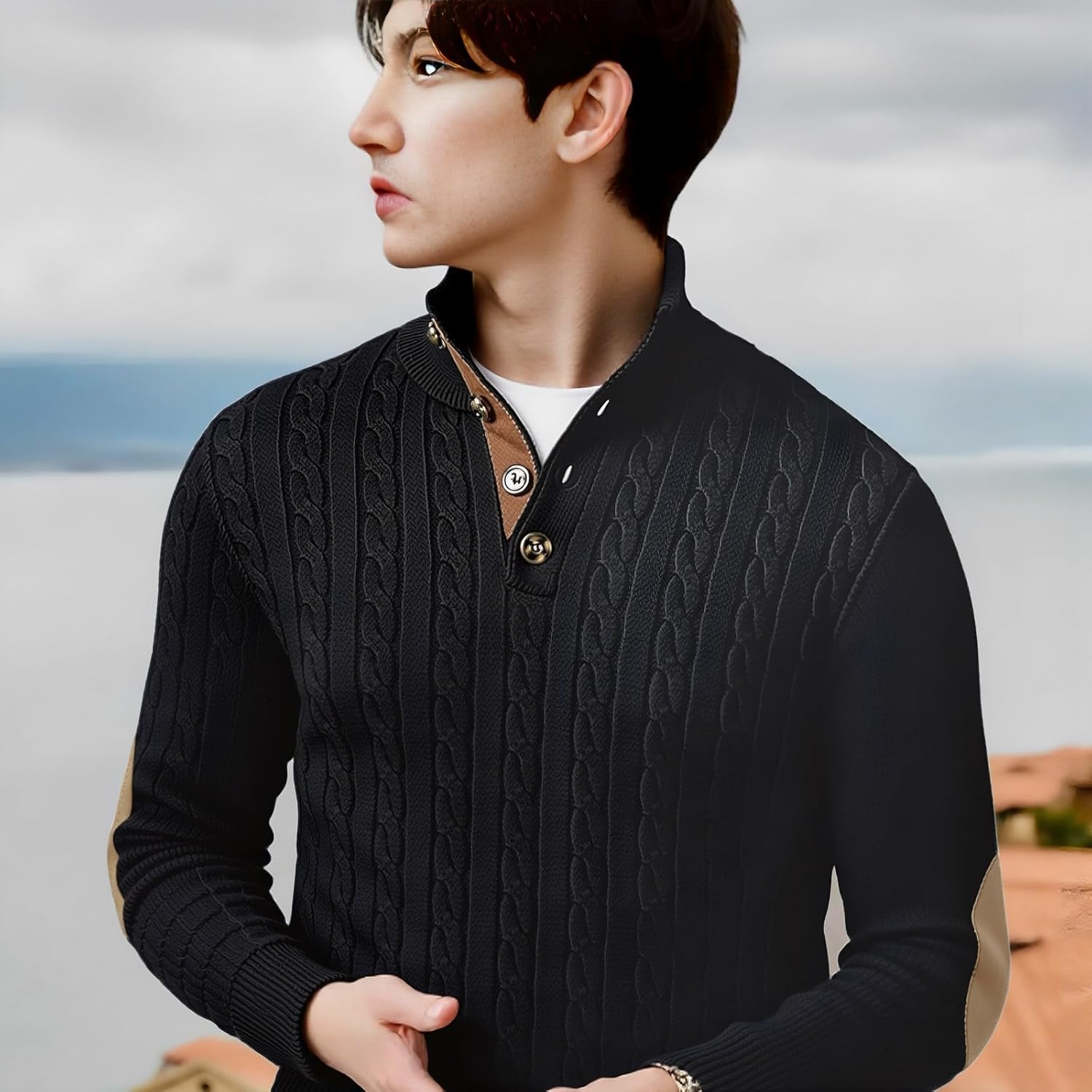 Mens Quarter Button Pullover Sweater Lightweight Mock Neck Henley Sweater Fashion Casual Knitted Waffle Sweater - Image 6