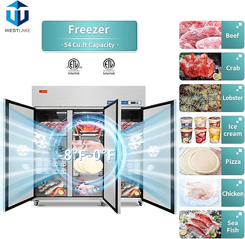 Miniatura 2 de WESTLAKE Congelador comercial de 72 pulgadas de ancho, 3 puertas, 3 secciones, de acero inoxidable, ventilador de alcance de refrigeración de 54