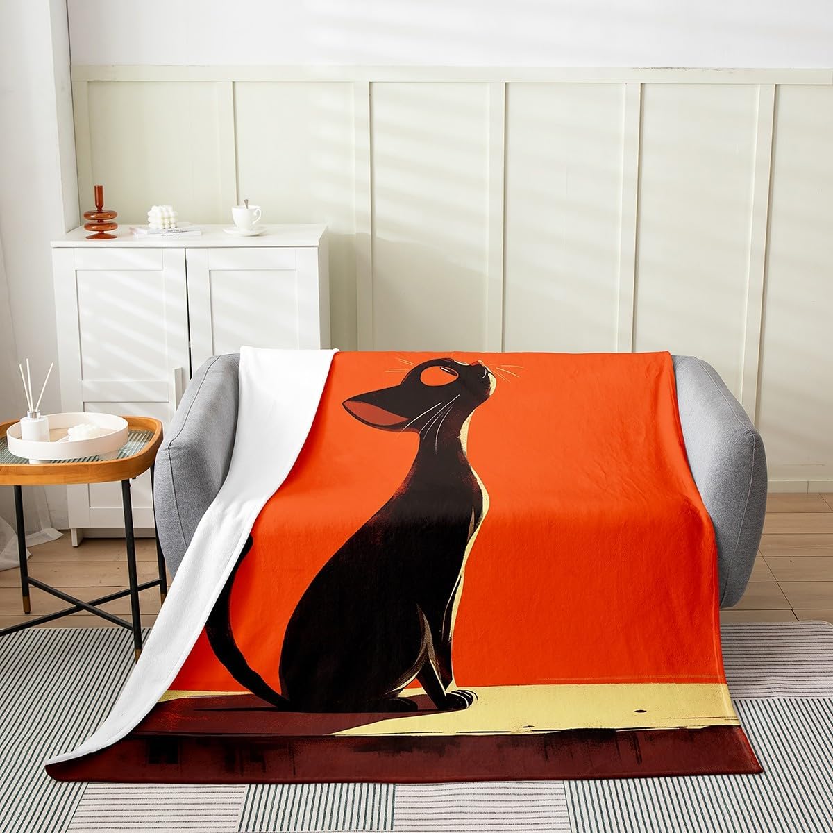 Black Pet Cat Fleece Blanket,Cartoon Kitten Lovely Animal Bed Blanket for Kids Teens,Artwork Orange Graffiti Flannel Blanket for Room Decor,Queen 90"x90"