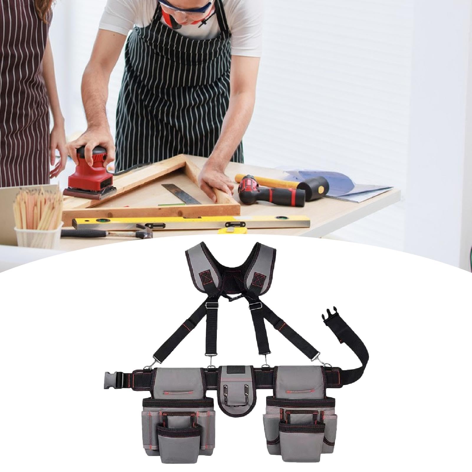 Ceinture Porte-outils avec Bretelles et Multiples Poches. Coffret Cadeau pour Papa. Sacoche Porte-outils Professionnelle à Porter à La Taille, Gris