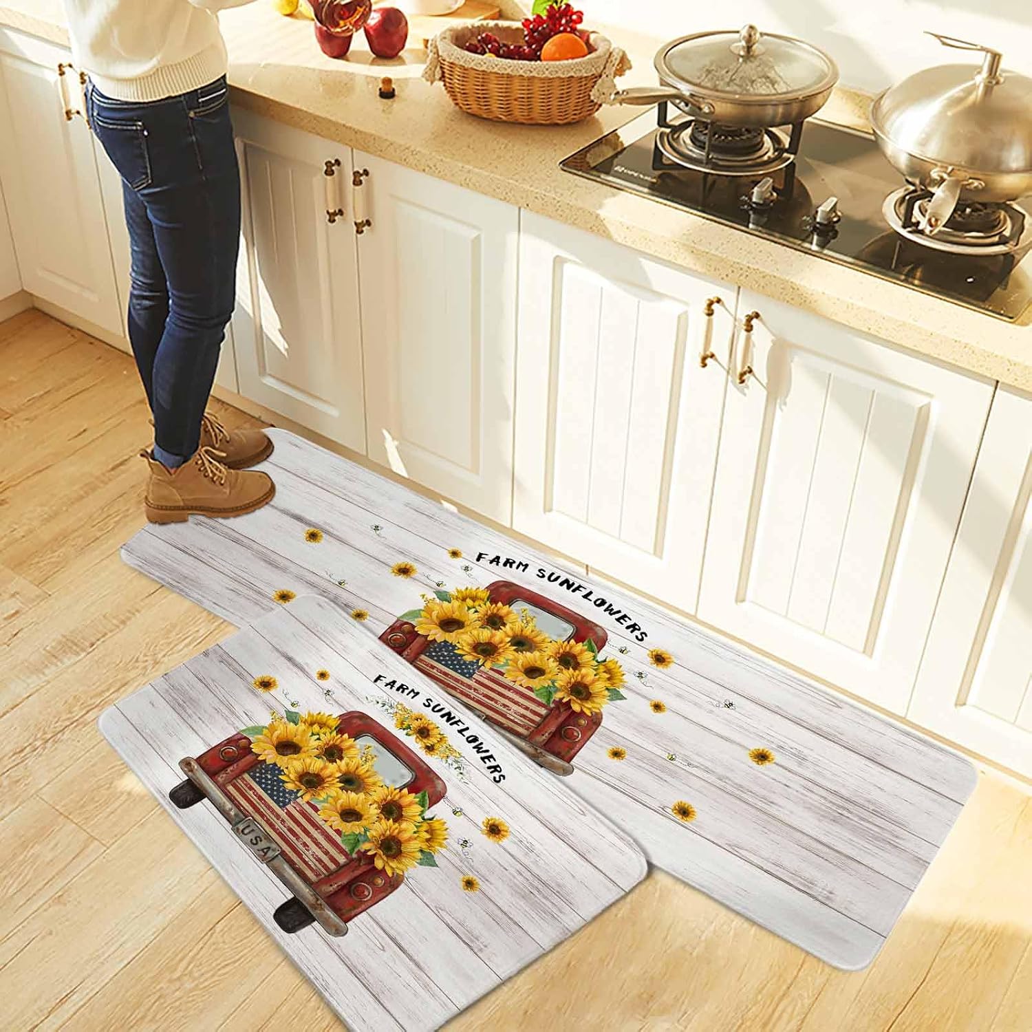 Vintage Sunflower Truck Kitchen Rugs and Mats Set of 2, Non-Slip Kitchen Sink Mat, Wooden Summer Botanical Retro Art Washable Doormat Bathroom Rugs Runner for Bedroom/Living Room 17.7"x30"+17.7"x59"