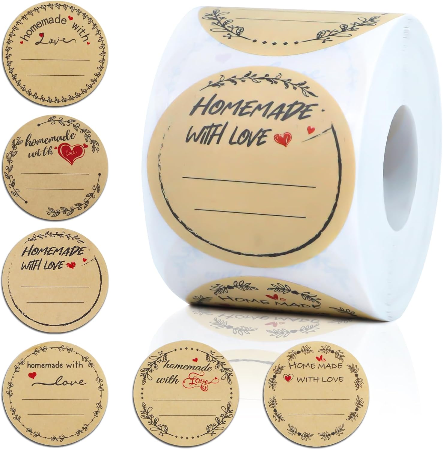 500 Pcs 2″ Round Homemade with Love Kraft Labels with 6 Designs – Multi-Use Stickers for Cookie Bags, Fudge Containers, Canning, Crafts, Organizing, Price Tags & Personalized Gifts