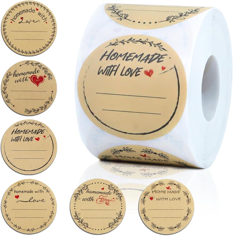 500 Pcs 2″ Round Homemade with Love Kraft Labels with 6 Designs – Multi-Use Stickers for Cookie Bags, Fudge Containers, Canning, Crafts, Organizing, Price Tags & Personalized Gifts