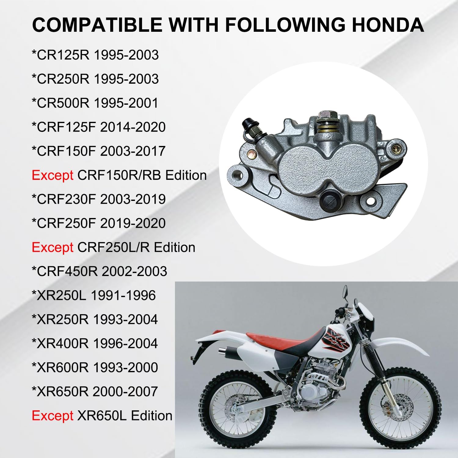 Front Brake Caliper with Brake Pads Compatible with Honda CR125 CR250 CR500 CRF125 CRF150 CRF230 CRF250 CRF450 XR250 XR400 XR600 XR650 OEM # 45150-KZ4-J21 45150-KCY-671 45150-K28-911