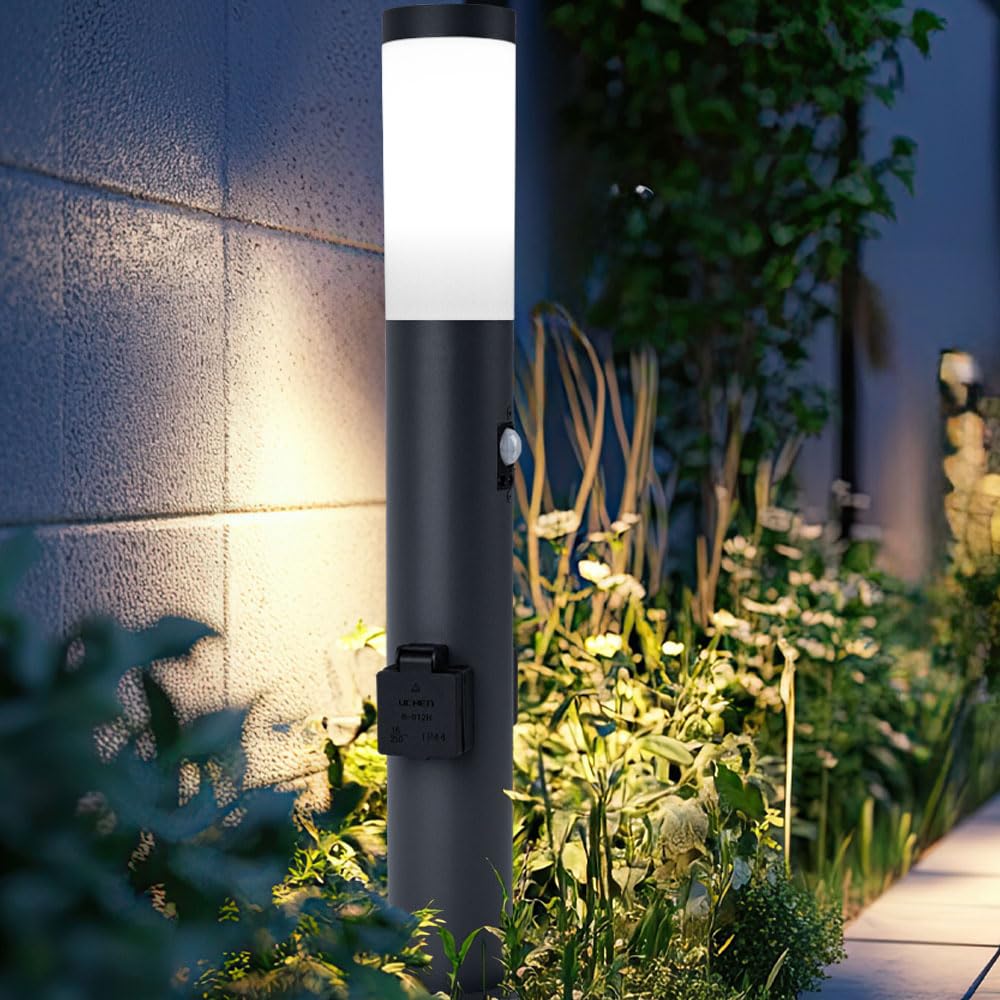 Außenleuchte LED Stehleuchte mit Bewegungsmelder Edelstahl Wegeleuchte Sockelleuchte Gartenleuchte anthrazit, mit 2 Steckdosen, IP44, 1x 11W 1055lm warmweiß, DxH 13,1x60 cm