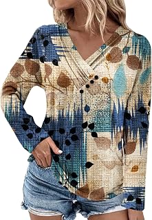 Vest Tops Women UK,Business Long Sleeve Pullover Womens Elegant Holiday Cozy Loos Printing Button V Neck T Shirts Womens Modesty Panels for Low Cut Tops Plus Size Tops Vest Top with Built in Bra