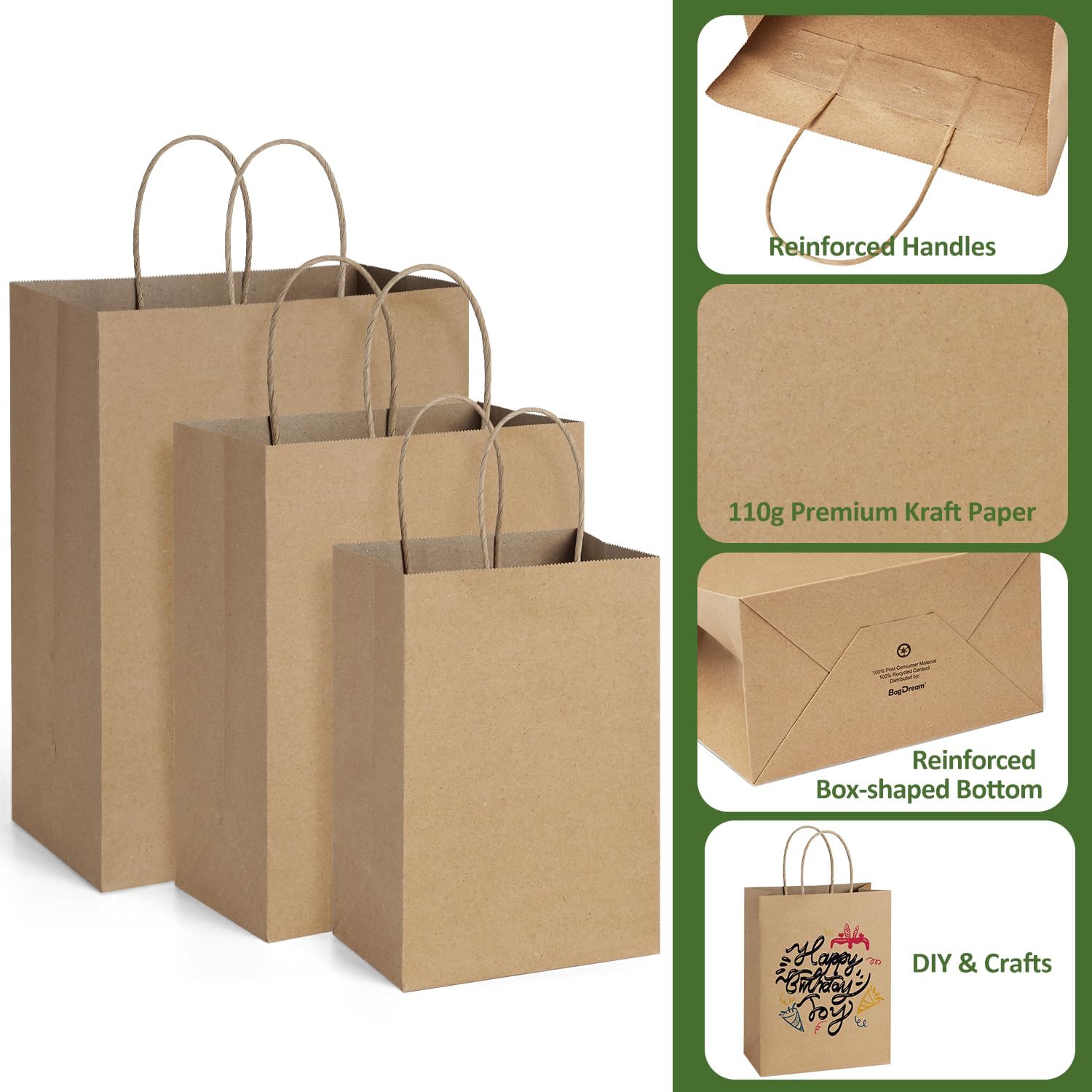 BagDream 75PCS Kraft Paper Bags 5x3x8, 8x4.25x10, 10x5x13 Gift Bags with Handles Bulk for Shopping, Retail, Merchandise, Recyclable Undecorated, Multi-Use Paper Sack - Image 3