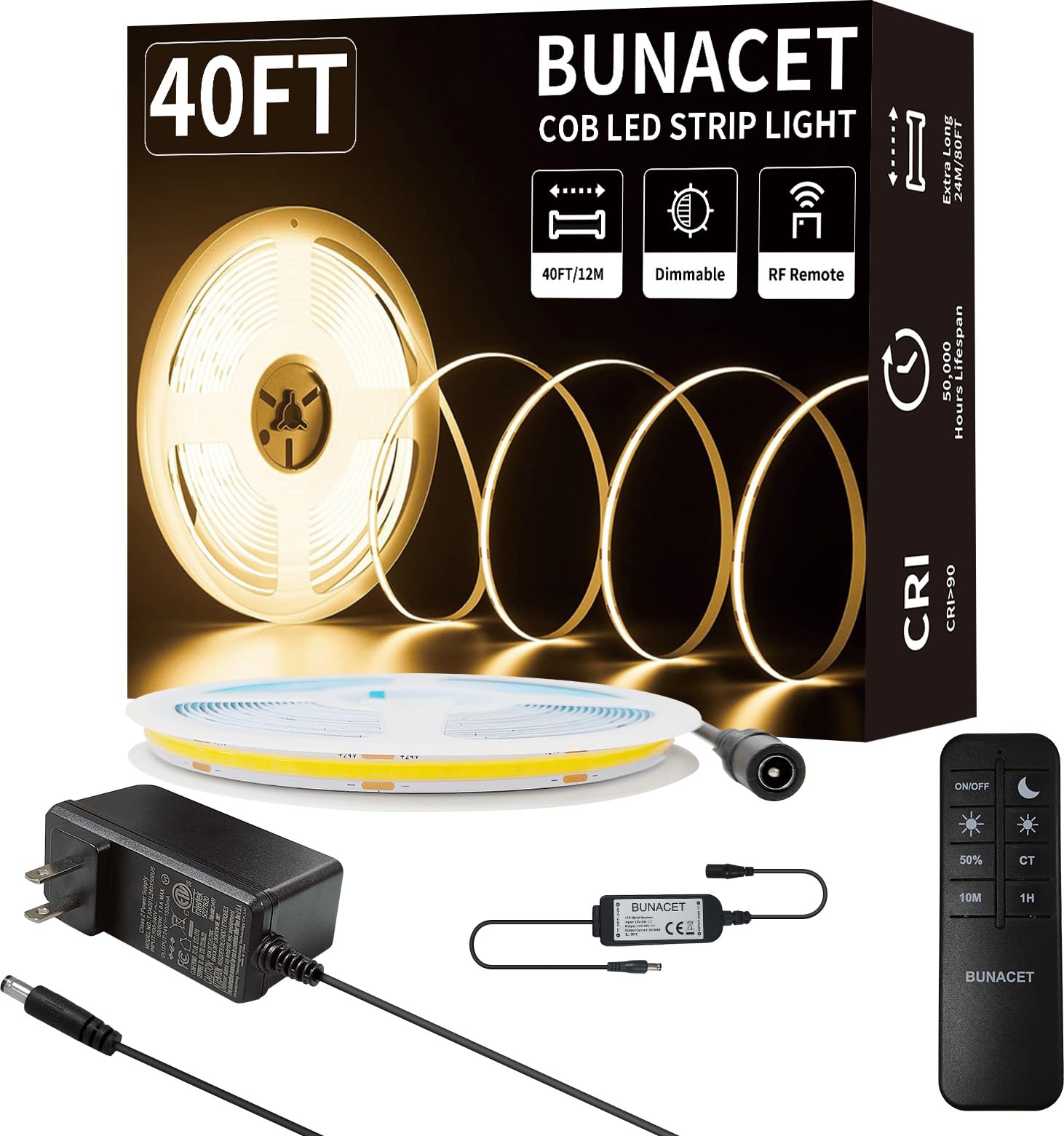 BUNACET COB LED Strip Light 40ft/12m (1 Roll) Warm White 3000K High Lumen CRI 90+ with UL Listed Power Adapter RF Remote for Bedroom Counter Under Cabinet Kitchen Projects