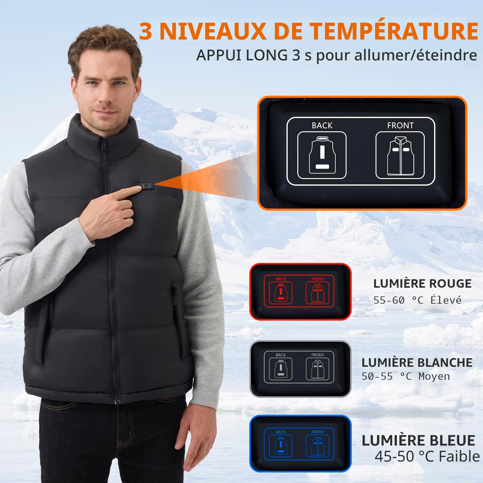 Veste Chauffante Homme 7.4V 18400mAh Batterie Incluse Gilet Chauffant 3 Températures Réglables Lavable