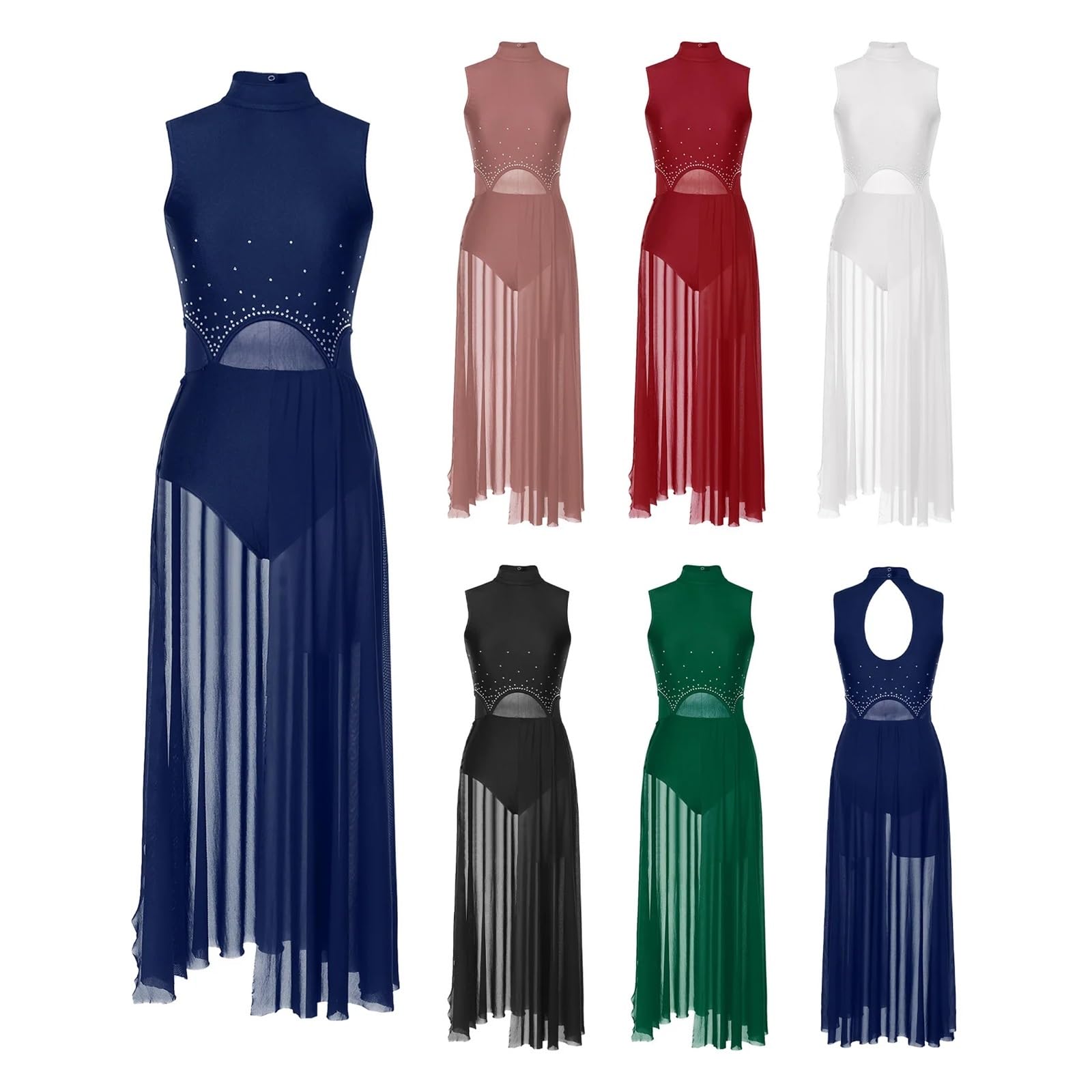 Lyrical Dance Kostüm Damen Modern Lyrical Dance Performance Kleid Ärmellos Strass Split Transparent Maxikleider Ballett Gymnastik Trikot Tanzbekleidung Für Frauen