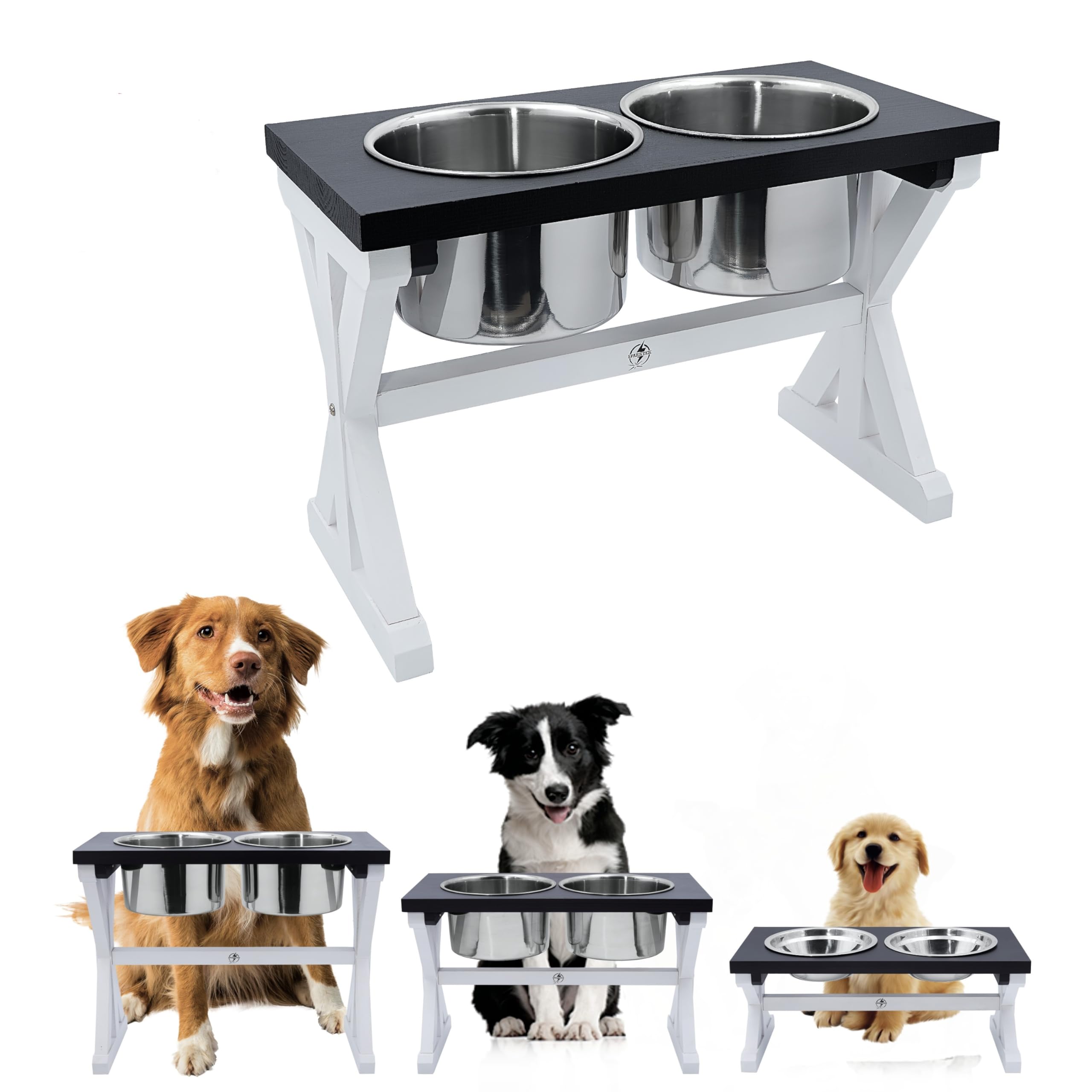 Sparktek Elevated Dog Bowls12inch high Black & White for Medium- Large Dogs-Durable Modern Design Dog Feeder with Two Stainless Steel Bowls Strong