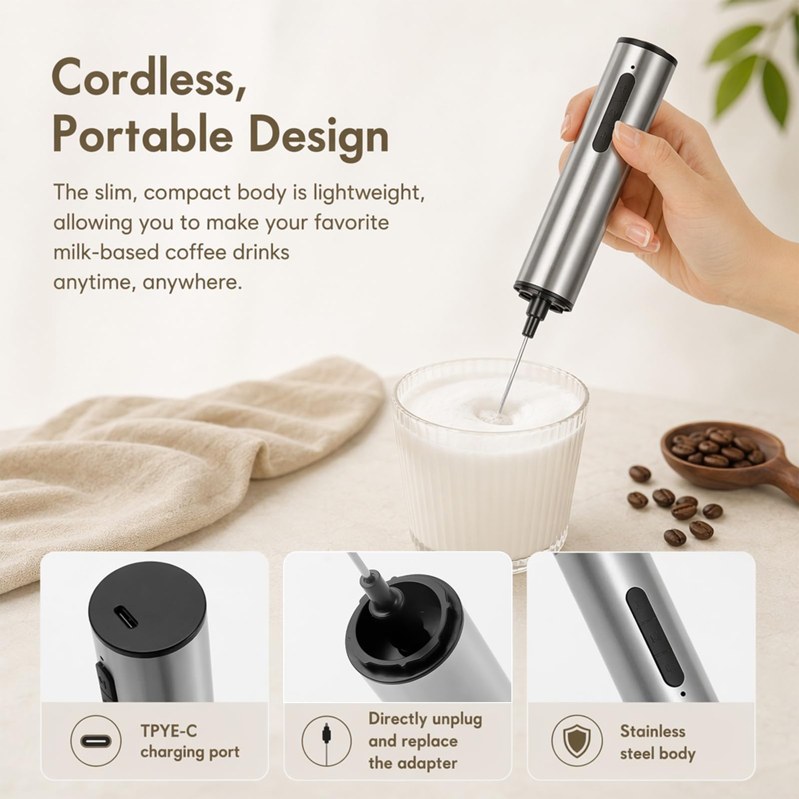 Melkopschuimer Elektrisch USB,Hand Melkopschuimer met 3 Snelheden en 5 RVS Opzetstukken,Elektrische Garde voor Cappuccino,Latte Macchiato,Matcha,Eieren,Slagroom en Eiwitshakes