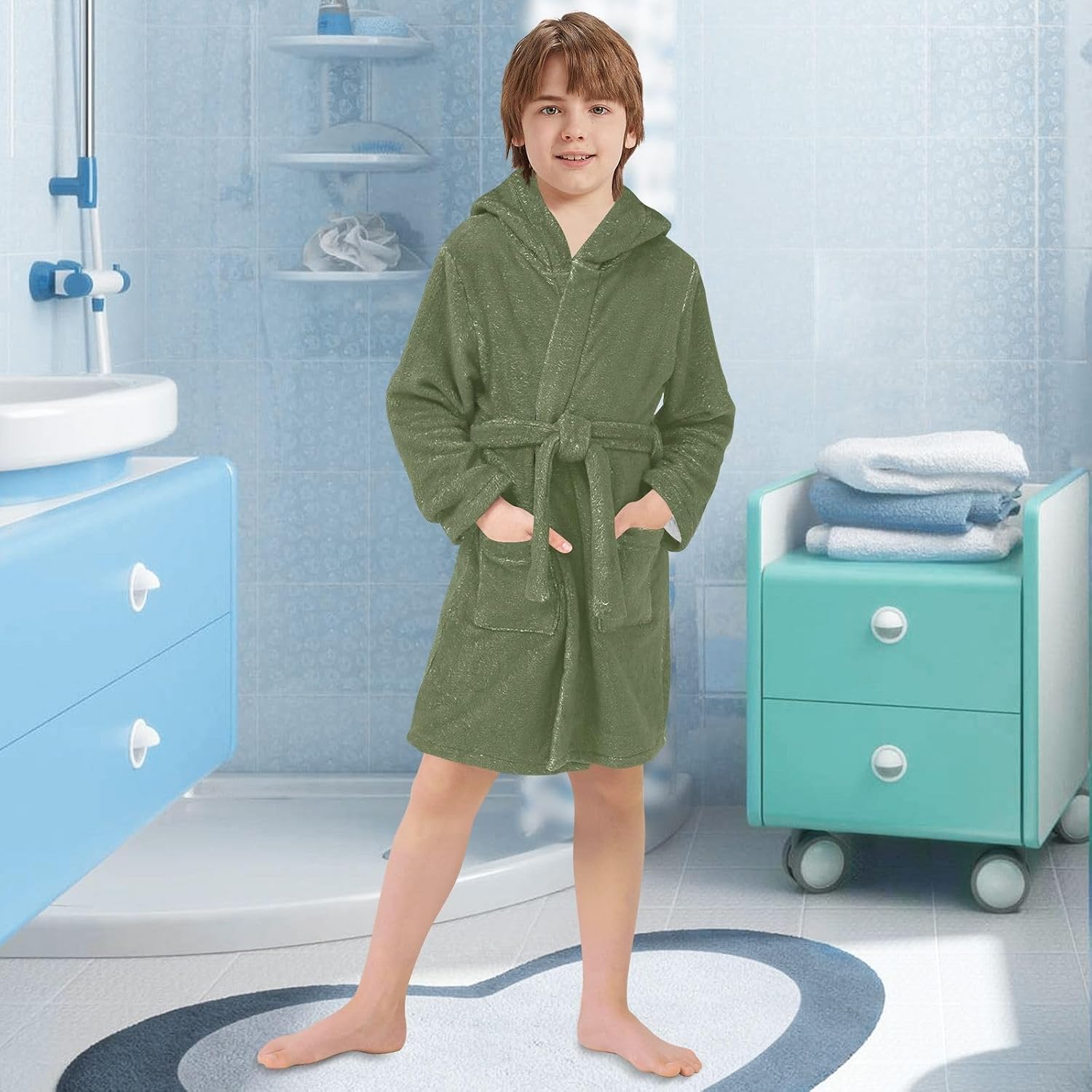 Military Green Kids Bathrobe, Soft Plush Hooded Towel for Boys Girls, Quick Dry Absorbent Bath Robe