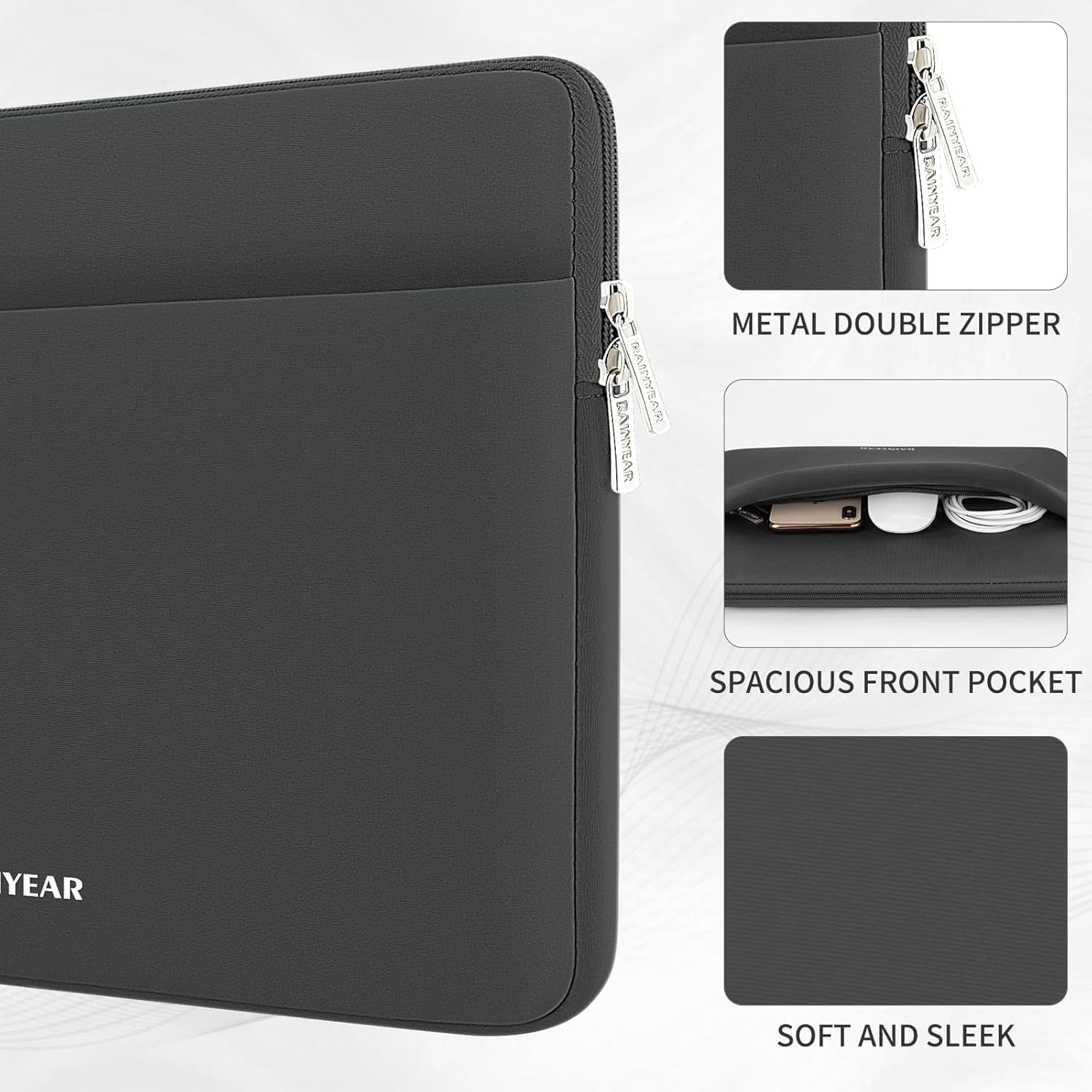 RAINYEAR Laptop Sleeve Case 15.6 Inch, Protective Portable Case with Front Pocket, Briefcase Handbag Computer Carrying Bag Laptop Bag Compatible for HP, Dell, Asus, Lenovo, Notebook, Gray - Image 2